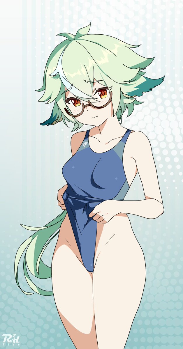 1girls, blush, cute, female, genshin impact, glasses, green hair, hoyoverse, long hair, mihoyo, one-piece swimsuit, r3dfive, shy, sucrose (genshin impact), swimsuit