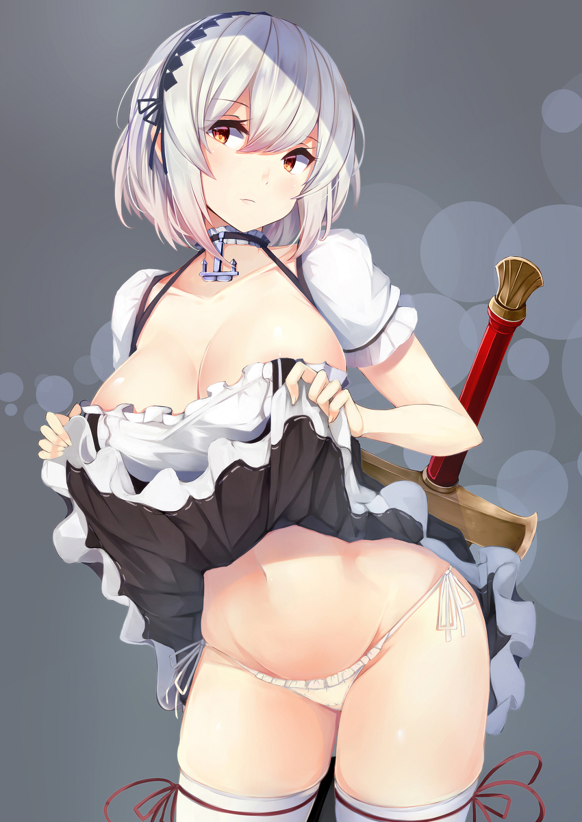 1girls, ass, azur lane, belly, breasts, breasts out, censored, fat ass, female, female only, huge ass, huge breasts, maid, maid headdress, nipples, sex slave, sirius (azur lane), solo, solo focus, thick thighs, thighhighs, thighs, yellow eyes