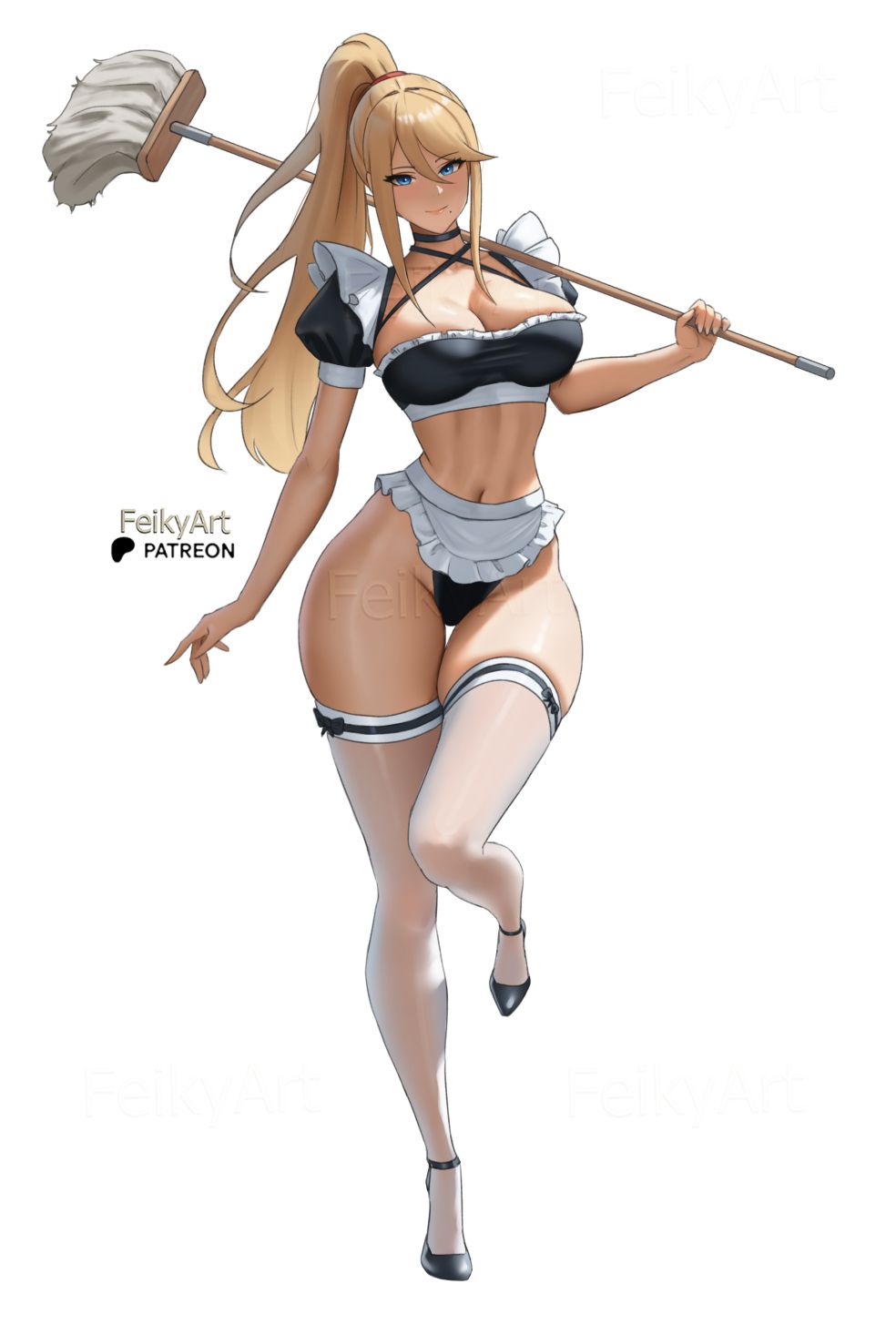 1girls, artist name, bare midriff, blonde hair, blue eyes, clothed female, feikyart, female, female only, long hair, maid, metroid, navel, nintendo, samus aran, solo, thighhighs, voluptuous female