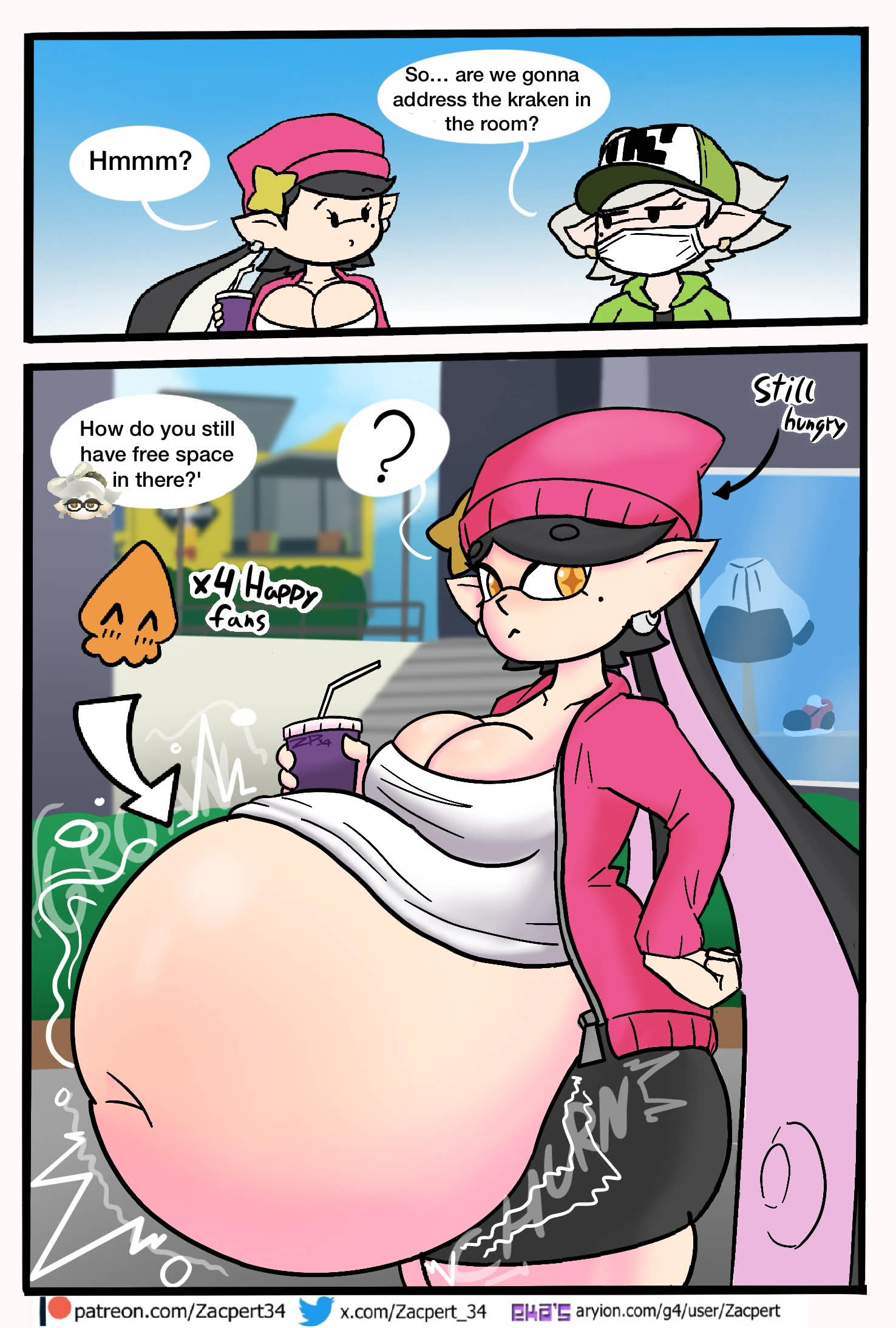 big breasts, callie (splatoon), digestion, digestion noises, inkling, inkling girl, marie (splatoon), multiple prey, same size vore, soft vore, splatoon, vore, vore belly, willing pred, willing prey, willing vore, zacpert
