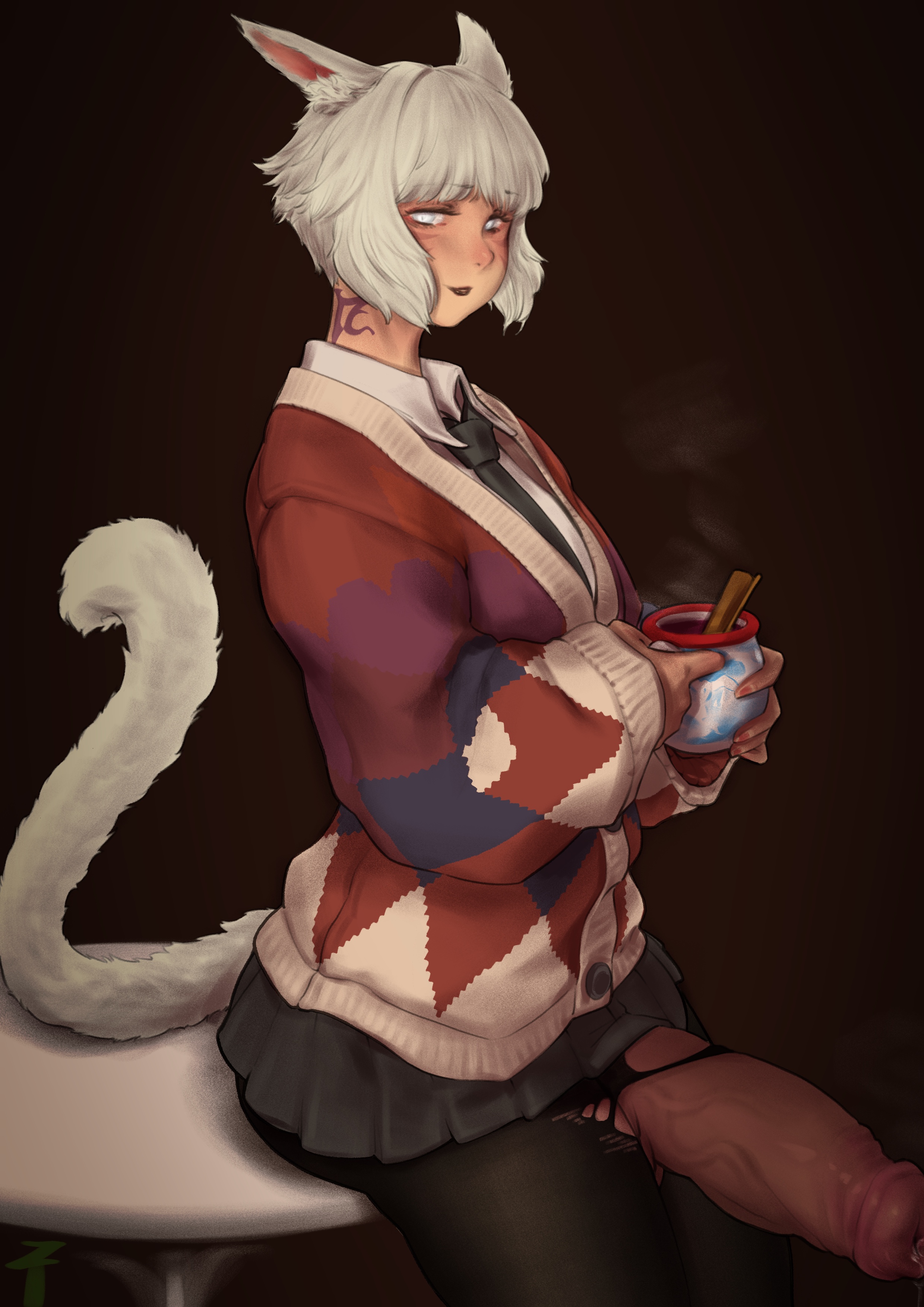 animal ears, cup, final fantasy xiv, futanari, miqo'te, sweater, tail, torn clothing, torn pantyhose, y'shtola, ztyoho