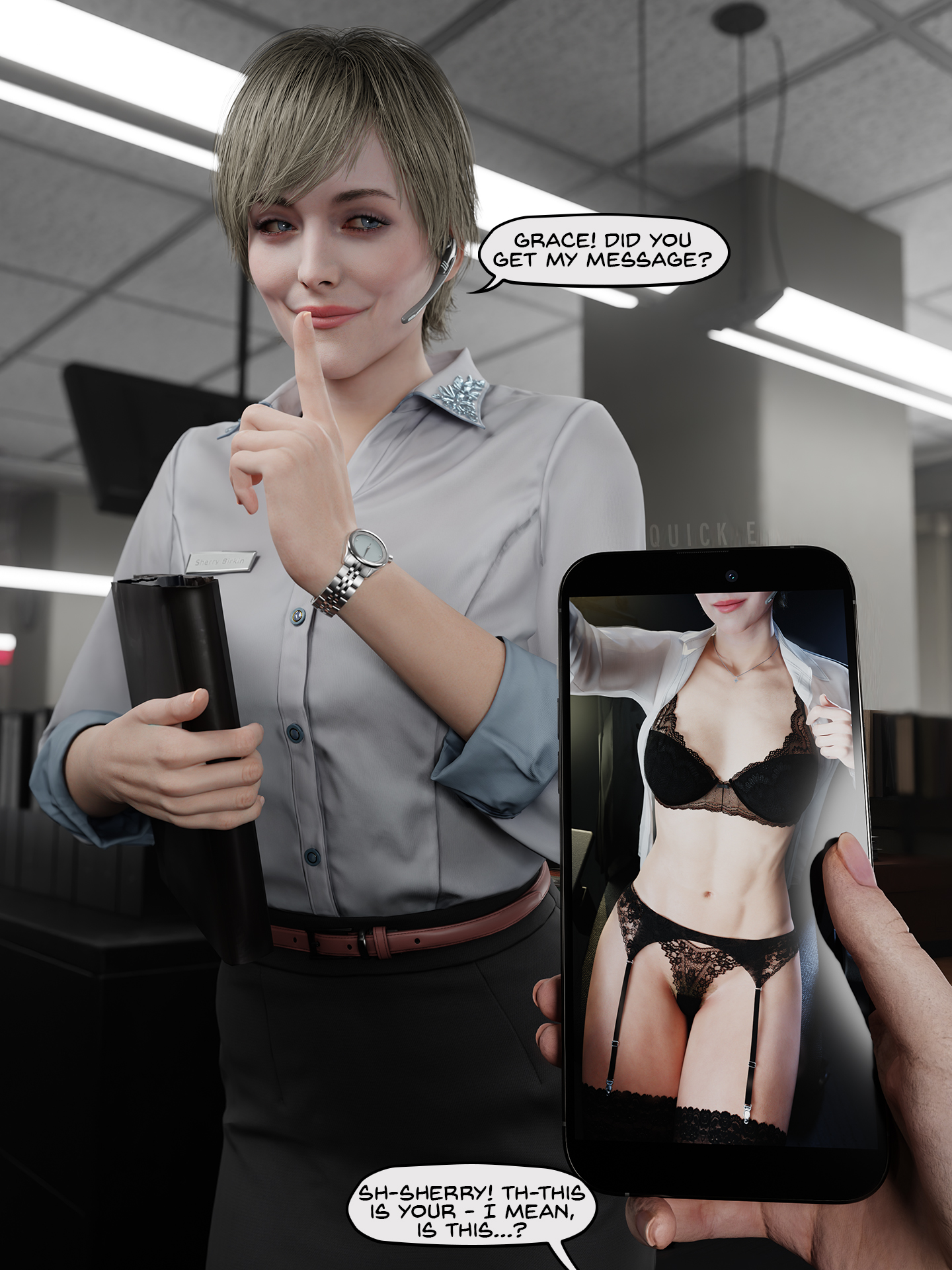 2girls, 3d, 3d artwork, 3d render, black bra, black lingerie, black panties, black thighhighs, blonde female, bob cut, dialogue, english dialogue, female, female only, female pov, female torso, grace ashcroft, grace ashcroft (julia pratt), indoors, lace, lace trim, lace-trimmed bra, lace-trimmed panties, lace-trimmed thighhighs, lingerie, lingerie bra, lingerie panties, message, office, office lady, phone, pov, presenting, presenting self, quick e, resident evil, resident evil 9: requiem, sherry birkin, sherry birkin (bridgette haze), short hair, stutter, tagme, text bubble, thighhighs, yuri