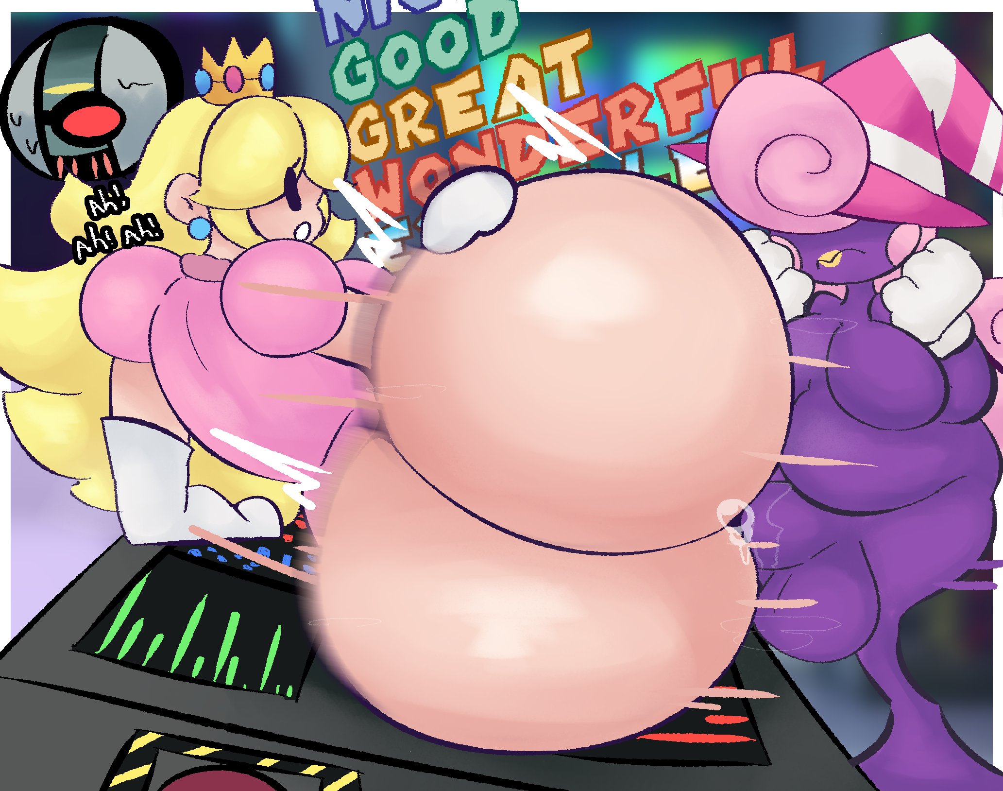 1futa, 1girls, ass, blonde hair, bottom heavy, bottomless, female, futa on female, futanari, mario (series), nintendo, on side, paper mario, paper mario: the thousand-year door, paper peach, pink hair, poodleskapoodle, princess peach, purple skin, tec-xx, text, trans woman, transfem, vivian (paper mario), witch hat