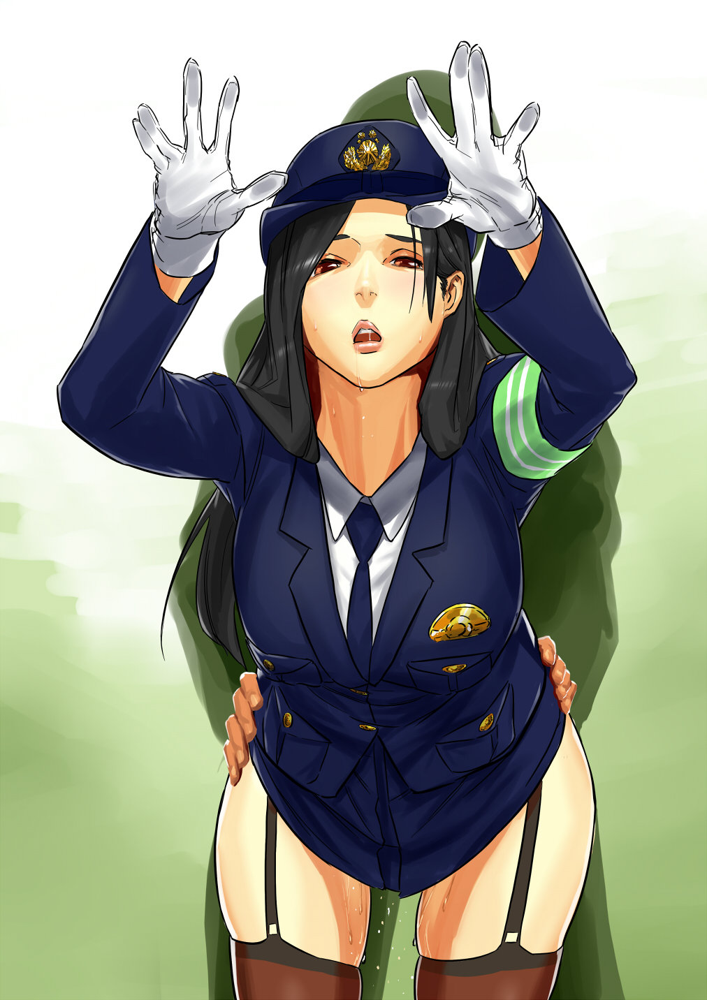 badge bent_over black_hair blue_skirt breasts brown_eyes clothed_sex covered_penetration delta_zone female garter_straps gloves hat highres implied_sex large_breasts leaning_forward legs long_hair looking_at_viewer necktie original parted_lips police police_uniform policewoman sex simple_background skirt skirt_lift solo_focus standing sweatdrop thighhighs thighs torso_grab vaginal_penetration white_gloves