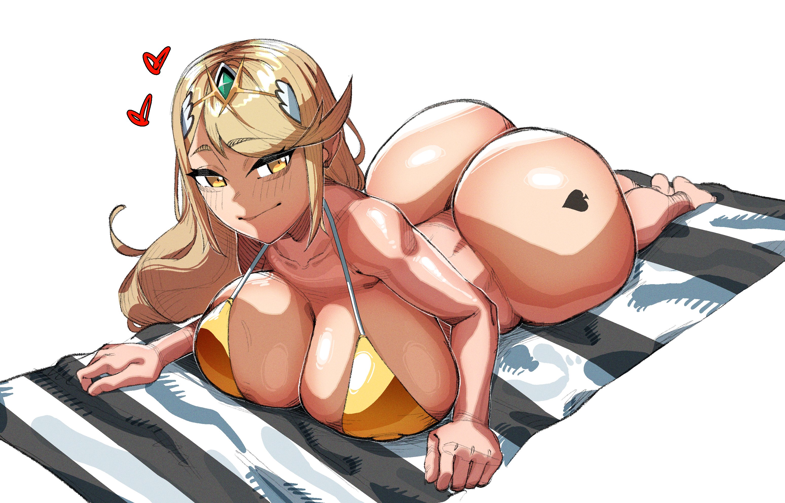 1girls, 2026, ass, ass tattoo, beach towel, big ass, big breasts, bikini, bikini top, bottomless, bottomless female, breasts, bubble butt, busty, fat ass, female, female only, huge ass, huge breasts, large ass, large breasts, light skin, light-skinned female, looking at viewer, lying, lying on stomach, makinakid, monolith soft, mythra, mythra (xenoblade), nintendo, queen of spades, solo, spade, spade tattoo, tattoo, thick ass, thick thighs, thunder thighs, wide hips, xenoblade (series)