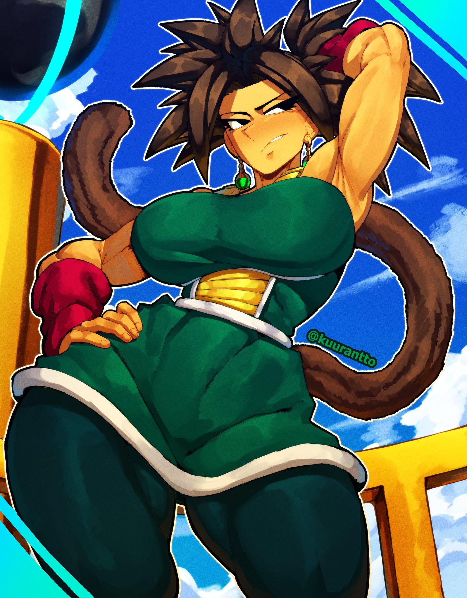 background, big breasts, big tits, big titties, black hair, boobs, breasts, clothed, dragon ball, dragon ball super, fused, fusion, fusion character, gine (cosplay), huge boobs, huge breasts, huge tits, huge titties, kefla, kefla (dragon ball), kuurant, muscles, muscular, muscular female, pants, saiyan, saiyan female, saiyan tail, tail, tan body, tanned, tanned body, tanned female, thick thighs, thighs, tits