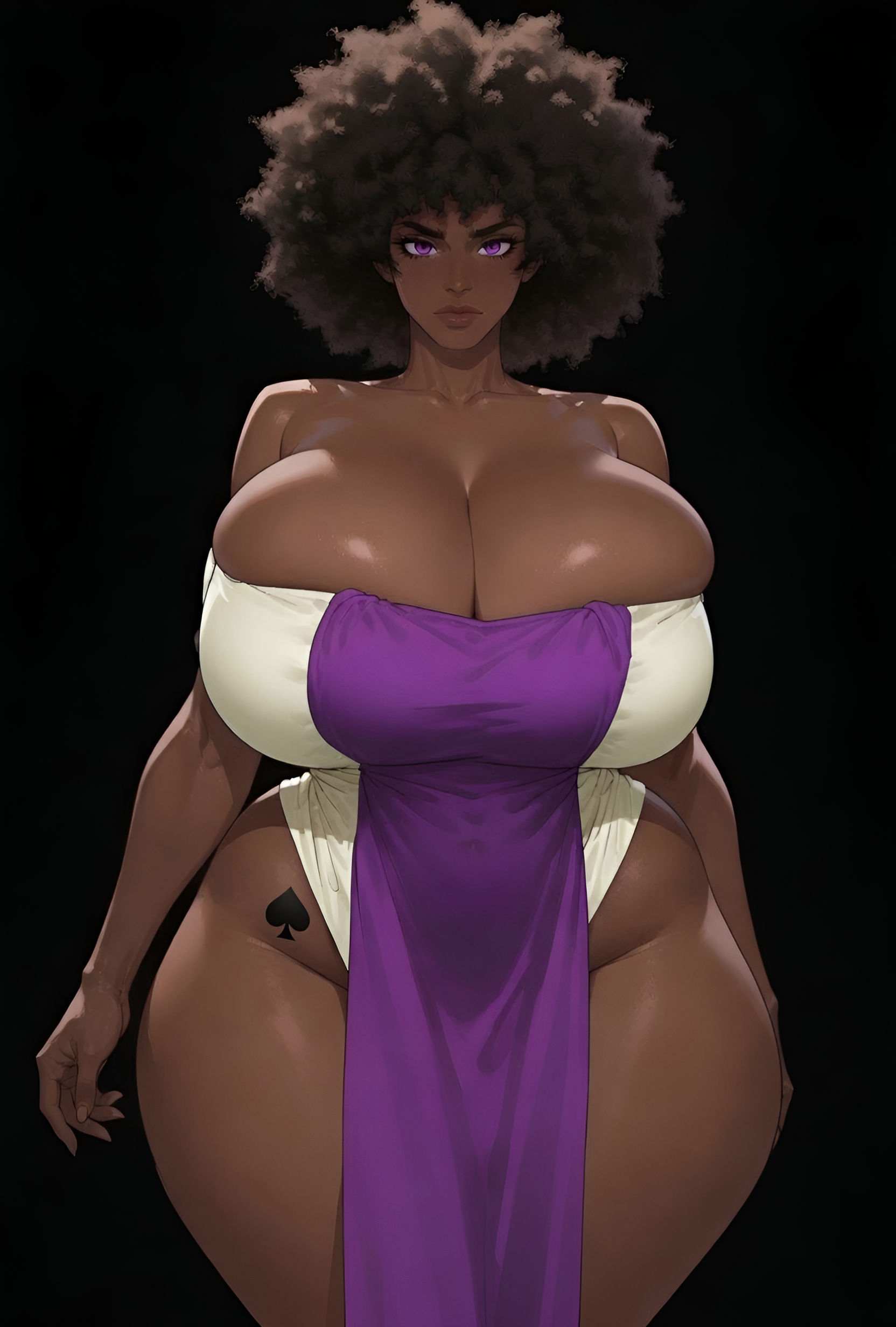 1girls, african female, afro, ai generated, big breasts, black dress, black female, brown hair, child bearing hips, cleavage, curly hair, dark skin, dark-skinned female, dress, hand on hip, huge breasts, looking at viewer, mrtecta, original, original character, purple eyes, qos, qos tattoo, queen of spades, queen of spades symbol, queen of spades tattoo, solo, solo female, thick, thick lips, thick thighs, thighs