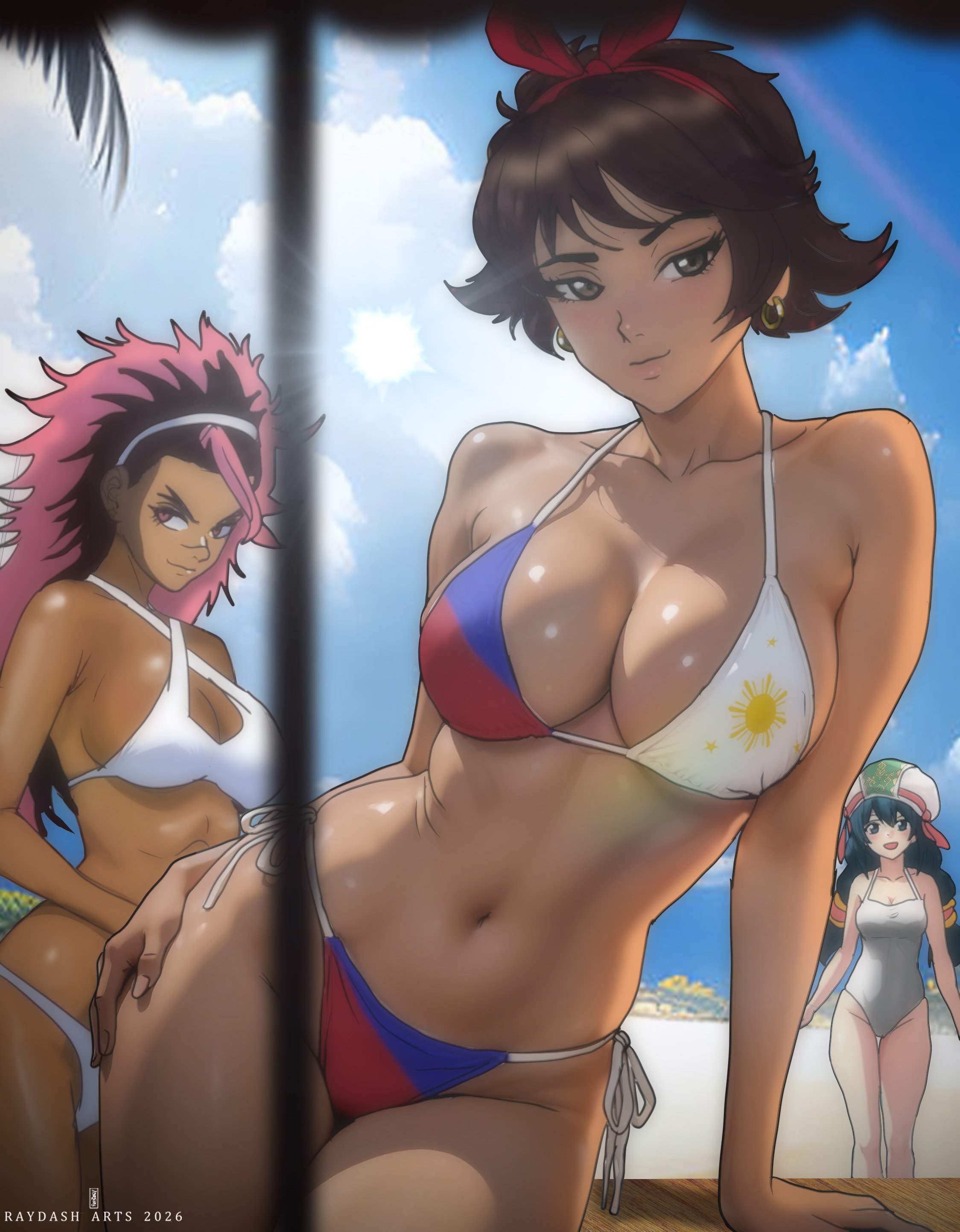 2d, 2d artwork, 3girls, beach, beach background, big breasts, bikini, black hair, breasts, brown eyes, brown hair, capcom, cleavage, crossover, dark skin, dark-skinned female, female, female only, filipina, filipino female, hat, headgear, hips, hourglass figure, huge breasts, josie rizal, large breasts, light skin, light-skinned female, long hair, midriff, multicolored bikini, multicolored clothing, multiple girls, namco, nationality connection, navel, outdoors, philippine flag, philippines, purple eyes, purple hair, raydash30, round breasts, sexy, sexy body, sexy female, sexy pose, short hair, soul calibur, street fighter, street fighter 6, swimsuit, talim (soulcalibur), tekken, tekken 7, thighs, trait connection, two-tone hair, waist, white bikini, white swimsuit, wide hips, yasmine (street fighter)