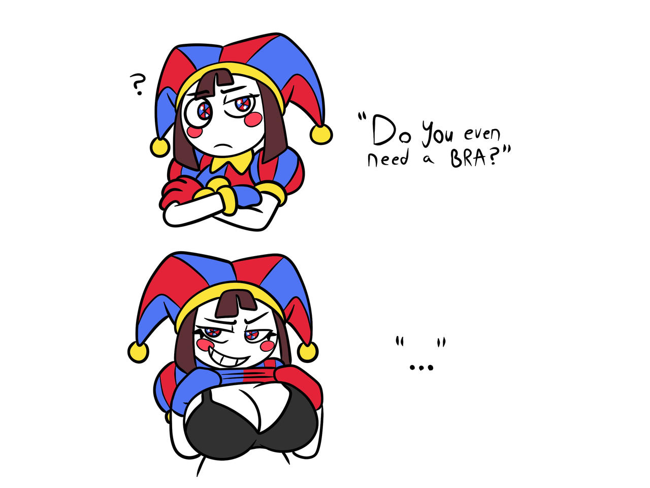 1girl, 1girls, artist request, bra strap is showing (meme), breasts, dialogue, female, female focus, female only, glitch productions, pomni, pomni (the amazing digital circus), serious, shirt lift, showing breasts, smile, smiling, solo, support, tagme, tagme (artist), the amazing digital circus