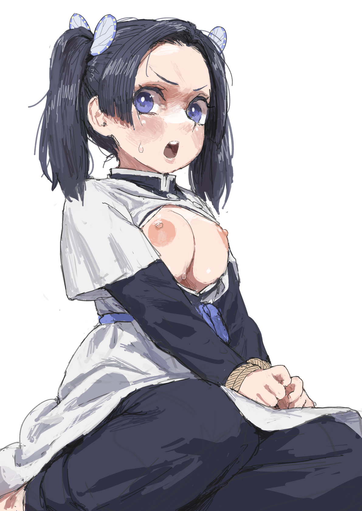 apron, black hair, blue eyes, blush, bound, bound wrists, breasts out, butterfly hair ornament, cleavage, demon slayer, embarrassed, female, female only, gakuran, kanzaki aoi (kimetsu no yaiba), kimetsu no yaiba, large areolae, looking at viewer, medium breasts, no bra, open shirt, pale skin, pale-skinned female, restrained, rope, rope bondage, sitting, solo, sweatdrop, uniform