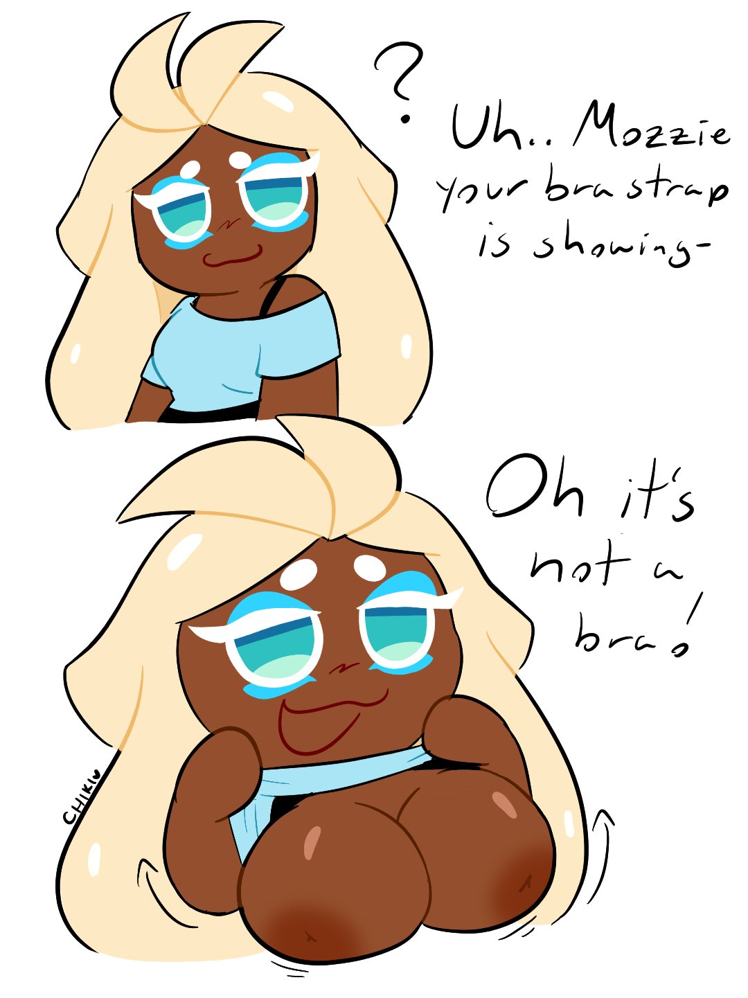 :3, 1girls, 1other, artist name, artist signature, bra strap is showing (meme), braless, breasts, casual exposure, chikidoodlez, cookie run, cookie run kingdom, dark-skinned female, dialogue, flashing, flashing breasts, meme, mozzarella cookie, shirt lift, talking to another, tirazyy, unseen character