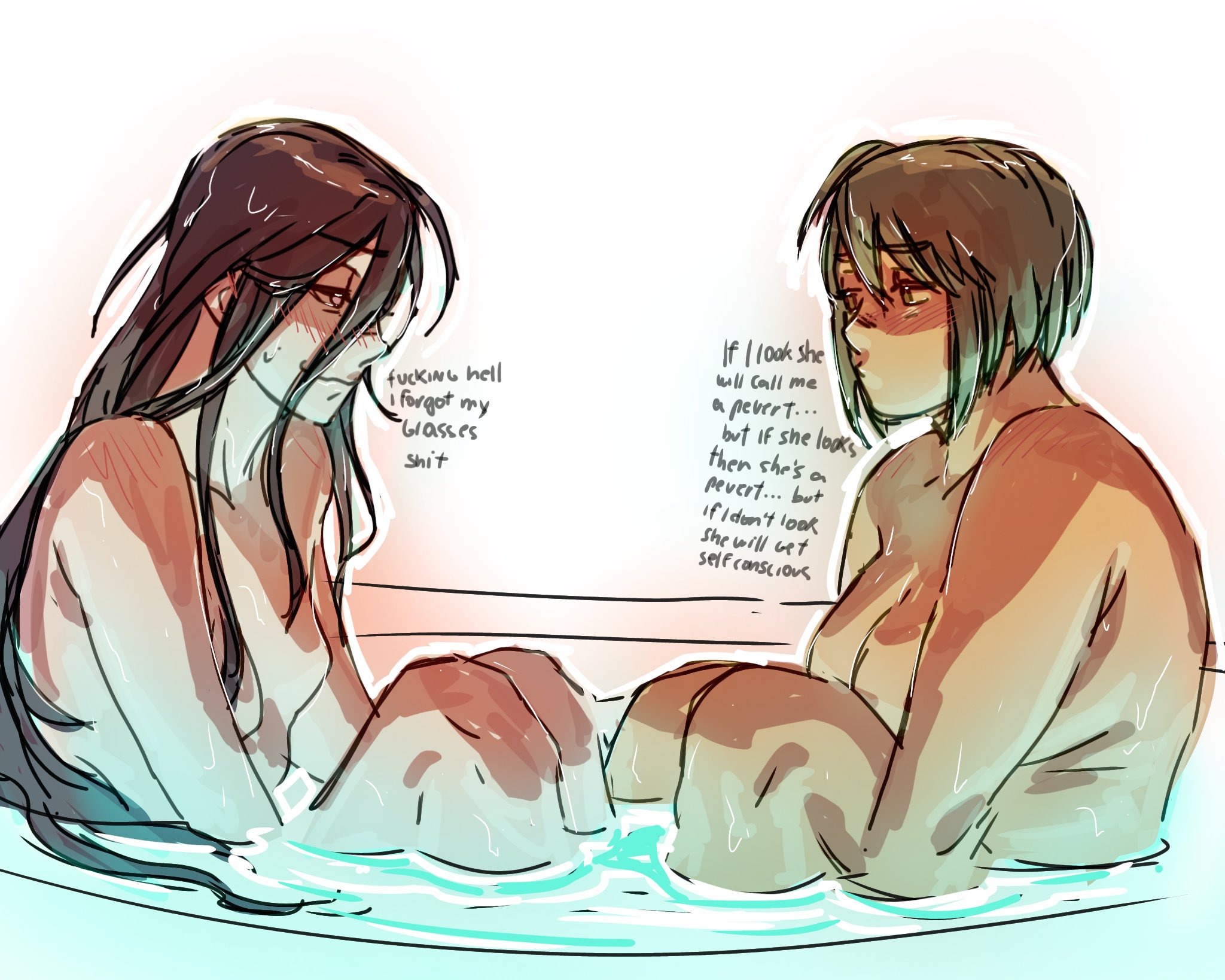 2girls, artist request, breasts, danganronpa, danganronpa ultra despair girls, female, fukawa touko, imminent sex, jennzcc 2, lesbian sex, naegi komaru, nude, tagme, water, yuri