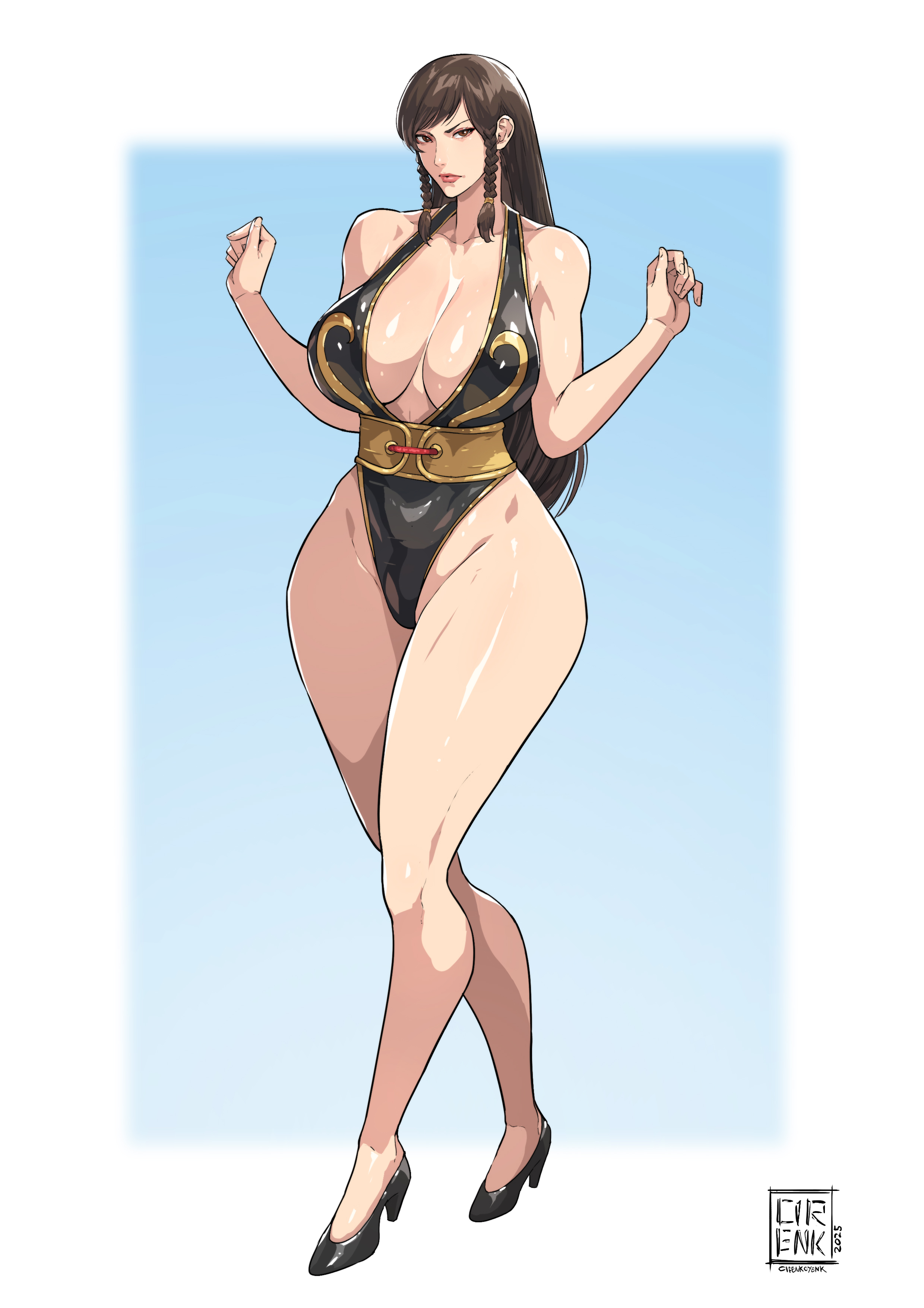 1girls, big breasts, breasts, breasts out, brown eyes, brown hair, chun-li, chun-li (battle ouffit sfv), cirenk, exposed breasts, female, large breasts, long hair, skirtless, street fighter, street fighter v, variant set