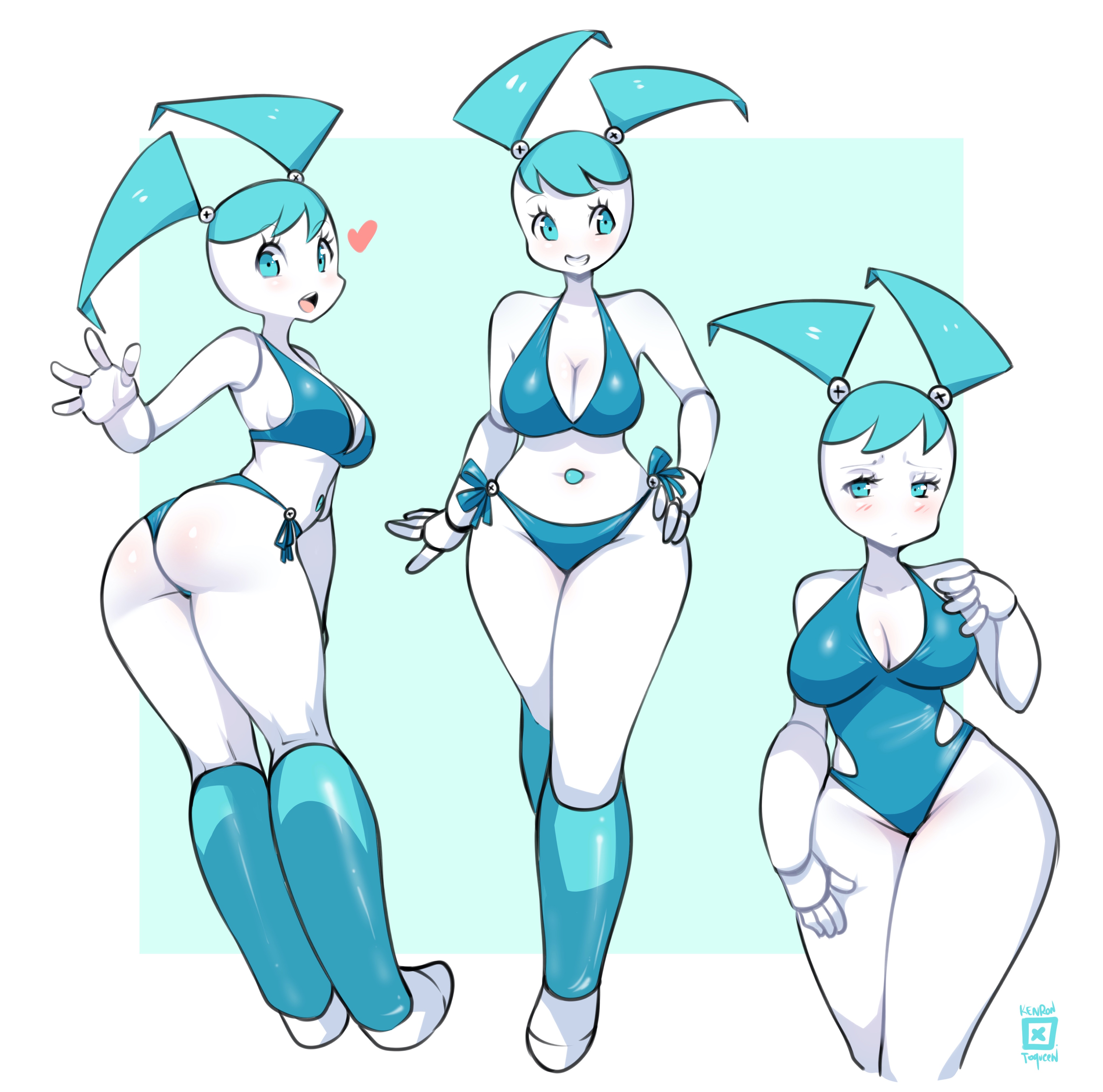 1girls, 4 fingers, android, ass, bare shoulders, belly, belly button, big ass, big breasts, big butt, bikini, blue bikini, blue eyes, blue hair, blush, bottomwear, bra, breasts, cleavage, female, female only, full body, heart, hips, humanoid, jenny wakeman, kenron toqueen, large ass, large butt, looking at viewer, looking back, my life as a teenage robot, navel, one-piece swimsuit, open mouth, panties, robot, robot girl, smile, solo, solo female, thick, thick ass, thick thighs, thighs, topwear, voluptuous, white skin, wide hips, xj-9