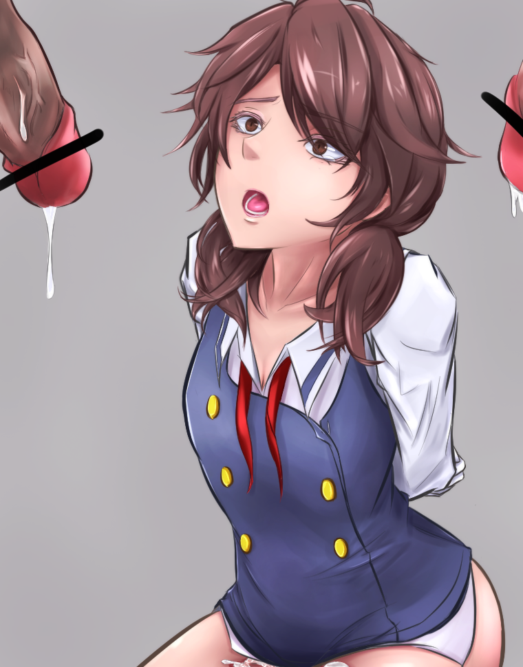 2boys after_rape arms_behind_back bar_censor brown_eyes brown_hair censored cum female grey_background low_twintails multiple_boys multiple_penises open_mouth penis rating school_uniform simple_background sumireko_usami touhou trembling twintails usutominsutaa