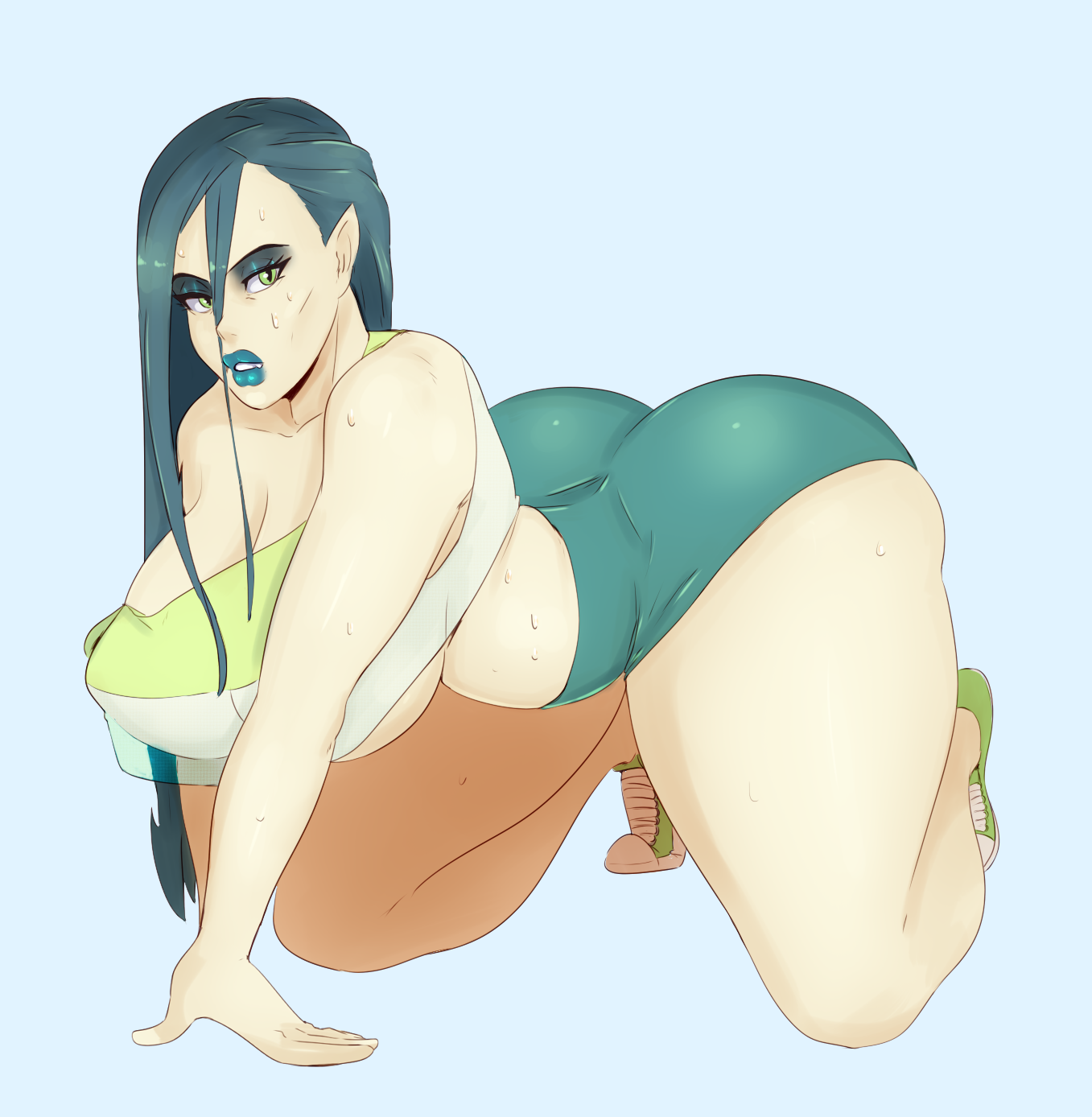 all fours, ass, big breasts, breasts, cleavage, female, female only, friendship is magic, huge ass, human, humanized, large breasts, looking at viewer, my little pony, queen chrysalis (mlp), solo, sunnysundown