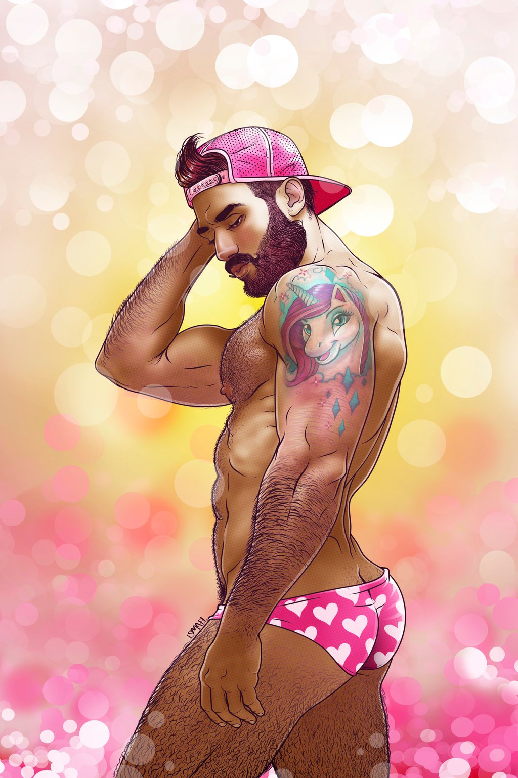 1boy abs baseball_cap beard bikini_briefs black_eyes body_hair brown_hair facial_hair hairy_male human ismael_alvarez male male_nipples male_only masculine mature_male muscles mustache original pin-up pinup solo tattoo underwear