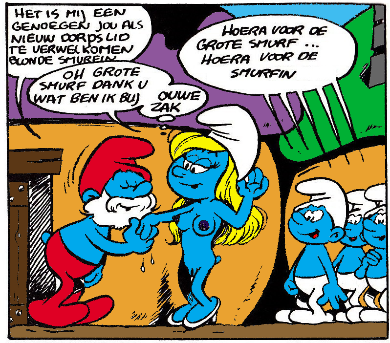 1girls 4boys beard blonde_hair blue_skin cap closed_eyes cmnf dutch_text edit facial_hair female high_heels kissing_hand large_areolae mushroom_house papa_smurf smurfette tagme tail the_smurfs white_hair