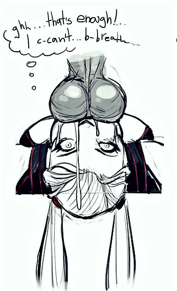 balls, balls deep, batman (series), breasts, comic, cum, cum in mouth, dc, dc comics, devil hs, face fucking, fellatio, female, harley quinn, huge breasts, huge cock, light skin, light-skinned male, lying, lying on back, male, messy, monster cock, penis, rape, text, thought bubble, twintails, white background