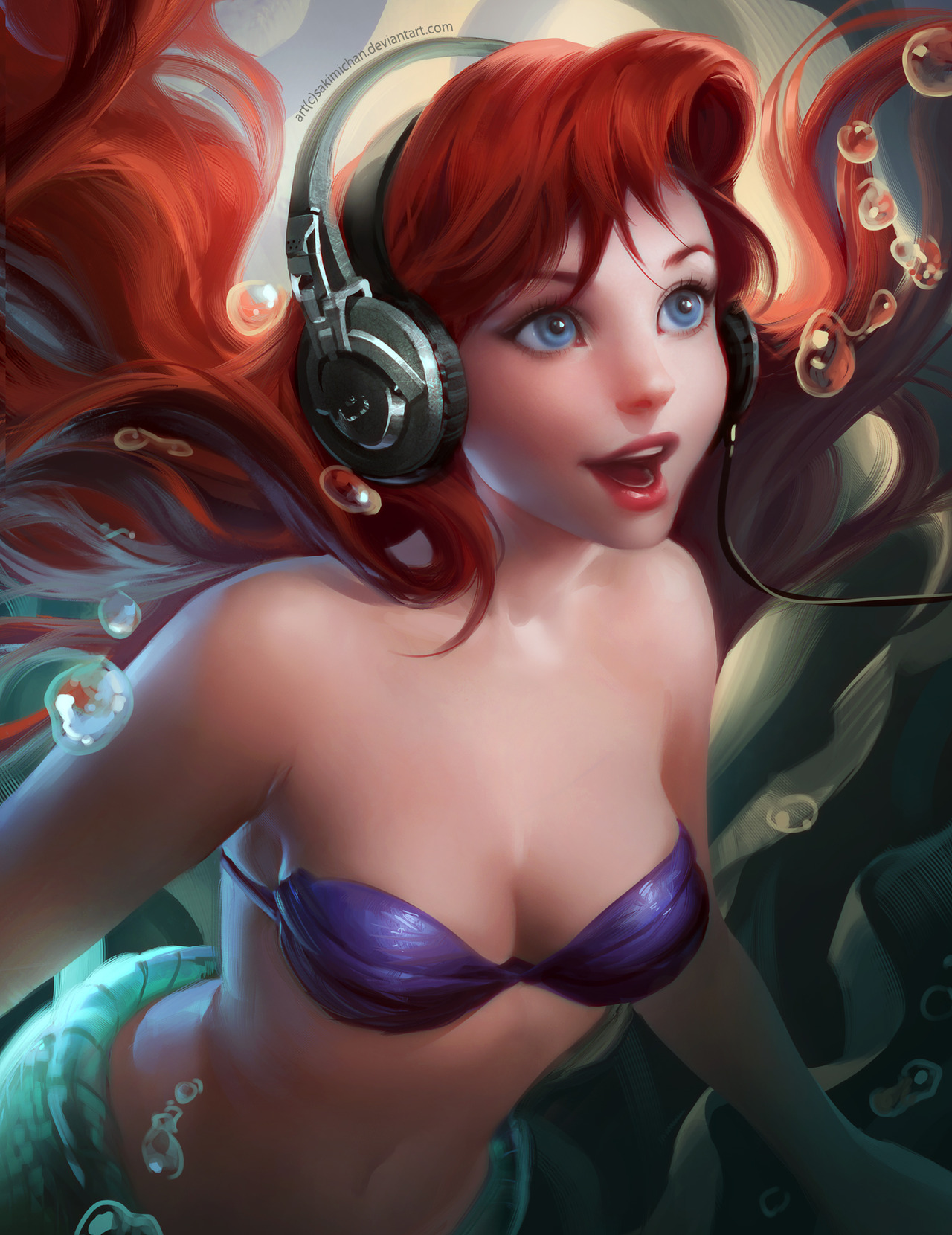 1girls, ariel, blue eyes, bra, breasts, clothed, disney, female, female only, headphones, merfolk, mermaid, open mouth, red hair, sakimichan, small breasts, smile, smiling, the little mermaid, underwater