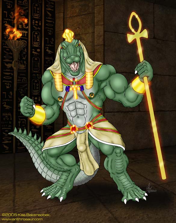 ankh anthro bulge crocodile crocodilian deity egyptian egyptian_mythology kaa_(artist) kaa_bakensobek loincloth male male_only penis penis_outline reptile scalie