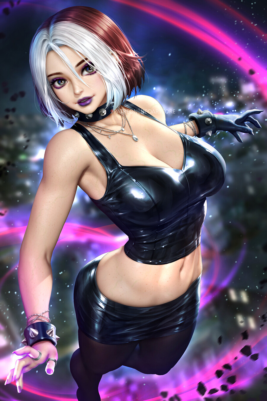 1girls anna_marie auburn_hair choker eyeshadow female female_only fully_clothed gloves goth gray_eyes large_breasts leather_skirt leather_topwear looking_at_viewer marvel marvel_comics necklace neoartcore nudtawut_thongmai purple_lipstick purple_nail_polish rings rogue_(evolution) rogue_(x-men) solo solo_female thighhighs white_bangs x-men x-men_evolution