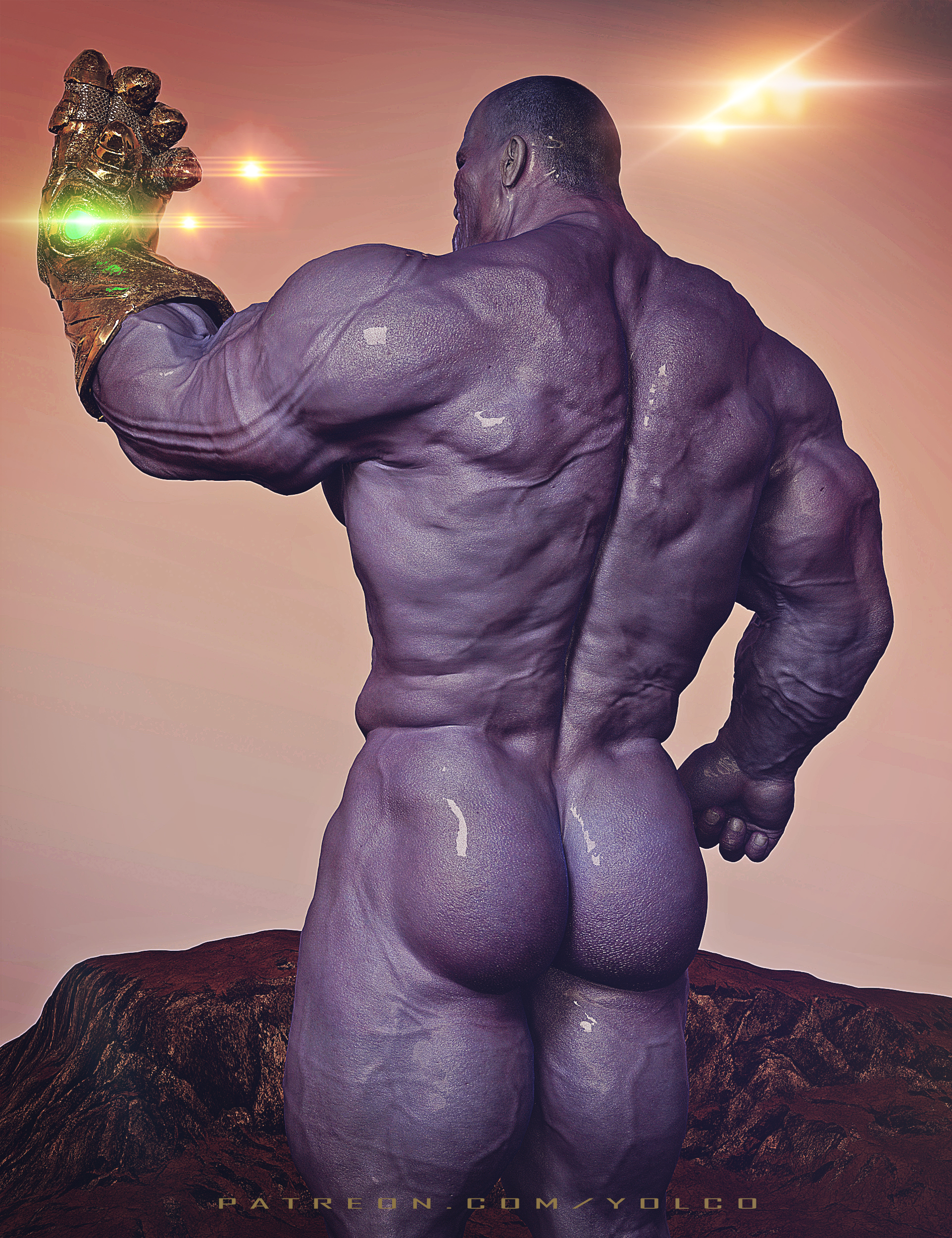 1boy, 3d, alien, ass, avengers, bald, bald male, gay, humanoid, infinity gauntlet, male, male only, marvel, marvel cinematic universe, marvel comics, mature, mature male, muscular, muscular male, nude, purple skin, purple-skinned male, solo, thanos, yaoi, yolco