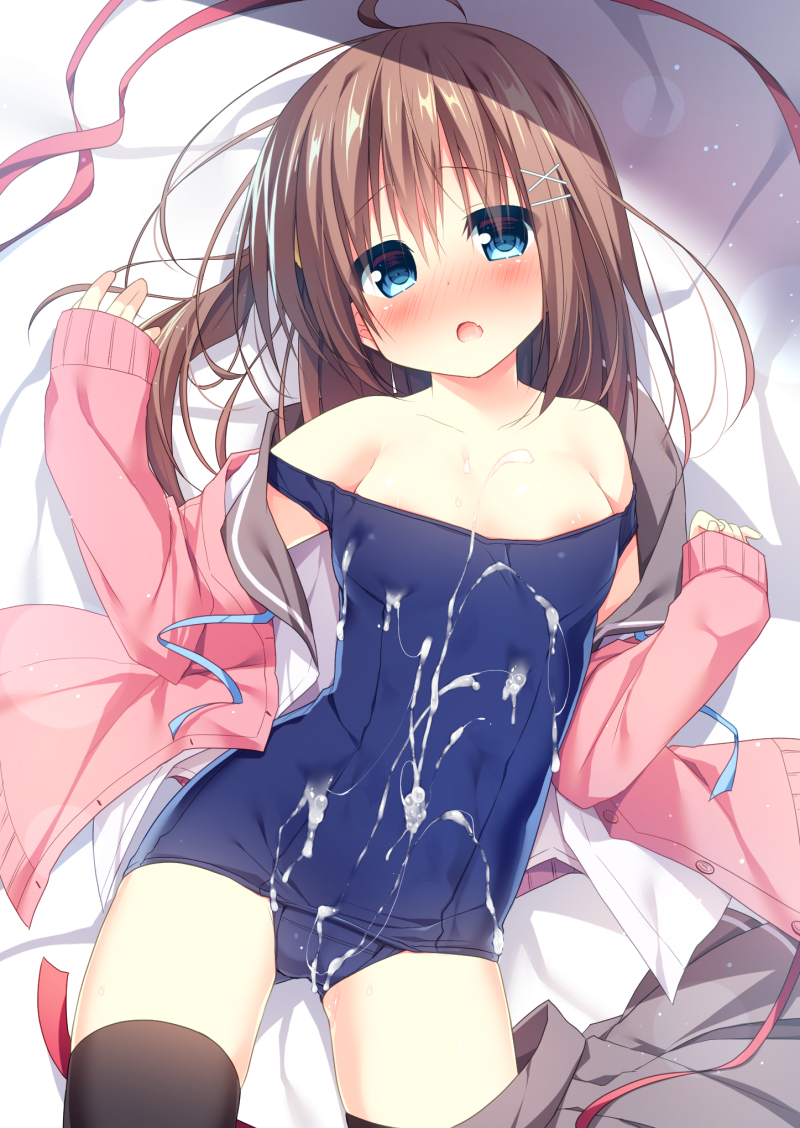 areolae arm_up bangs bare_shoulders bed_sheet black_legwear blue_ribbon blush breasts brown_hair brown_skirt cardigan collarbone cum cum_on_clothes eyebrows_visible_through_hair female hair_between_eyes hair_ornament hairclip hanamiya_natsuka hand_up head_tilt long_hair long_sleeves looking_at_viewer lying nose_blush oerba_yun_fang on_back open_cardigan open_clothes open_mouth original petite pink_ribbon pleated_skirt ribbon sailor_collar school_swimsuit school_uniform serafuku shirt skirt skirt_around_one_leg sleeves_past_wrists small_breasts solo strap_slip swimsuit thighhighs white_shirt x_hair_ornament