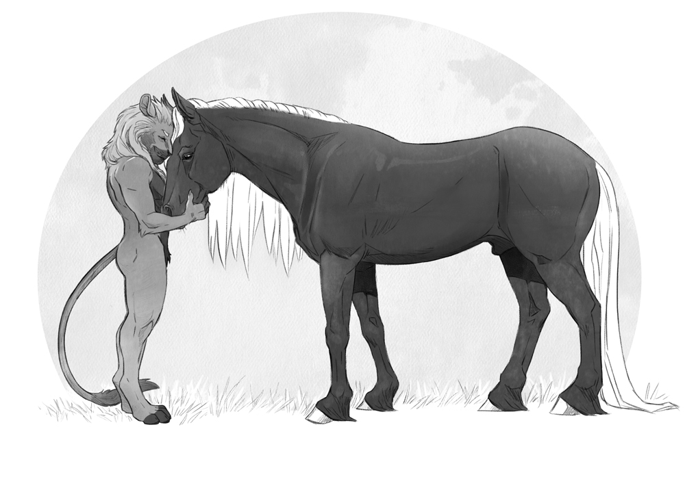 2019 anthro closed_eyes crimsonking duo embrace equid equine felid feral genitals horse intricatevision lion long_tail looking_down male mammal monochrome nude pantherine smile standing