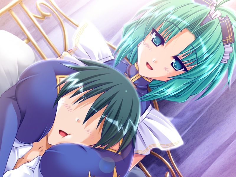 00s 1boy 1girls aizen_rio bed black_hair blue_clothing blue_eyes blush breast_smother breasts chinese_clothes chinese_dress cleavage cleavage_cutout clothed clothing cute dress eyebrows_visible_through_hair female game_cg green_hair head_between_breasts indoors large_breasts looking_at_another looking_down maid maid-san_to_ookina_ken maid_headdress male may-be_soft no_eyes open_mouth pillow shirt short_hair tongue