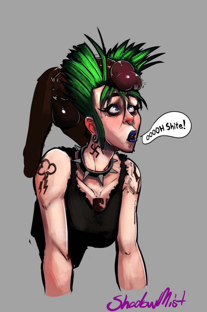 1girls, arm tattoo, big breasts, black lipstick, breasts, cfnm, collar, cross-eyed, dark skin, dark-skinned male, dialogue, ear piercing, english text, eyeliner, female, gauged ear, green hair, imminent rape, interracial, light skin, light-skinned female, lip piercing, lips, little racist shit head, male, mascara, mohawk, neck tattoo, nervous, nose piercing, nose ring, pale skin, pale-skinned female, penis, penis awe, penis on head, piercing, precum, punk, purple lipstick, septum piercing, shadowmist, speech bubble, spiked collar, swastika, tank top, tattoo, text, unseen male face