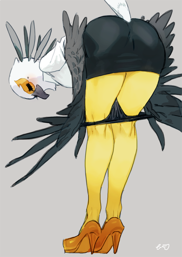 1girls aggressive_retsuko artist_request ass avian bent_over bird clothing female female_only office_lady panties panties_down panty_pull secretary_washimi skirt solo standing straight_hair text washimi watermark