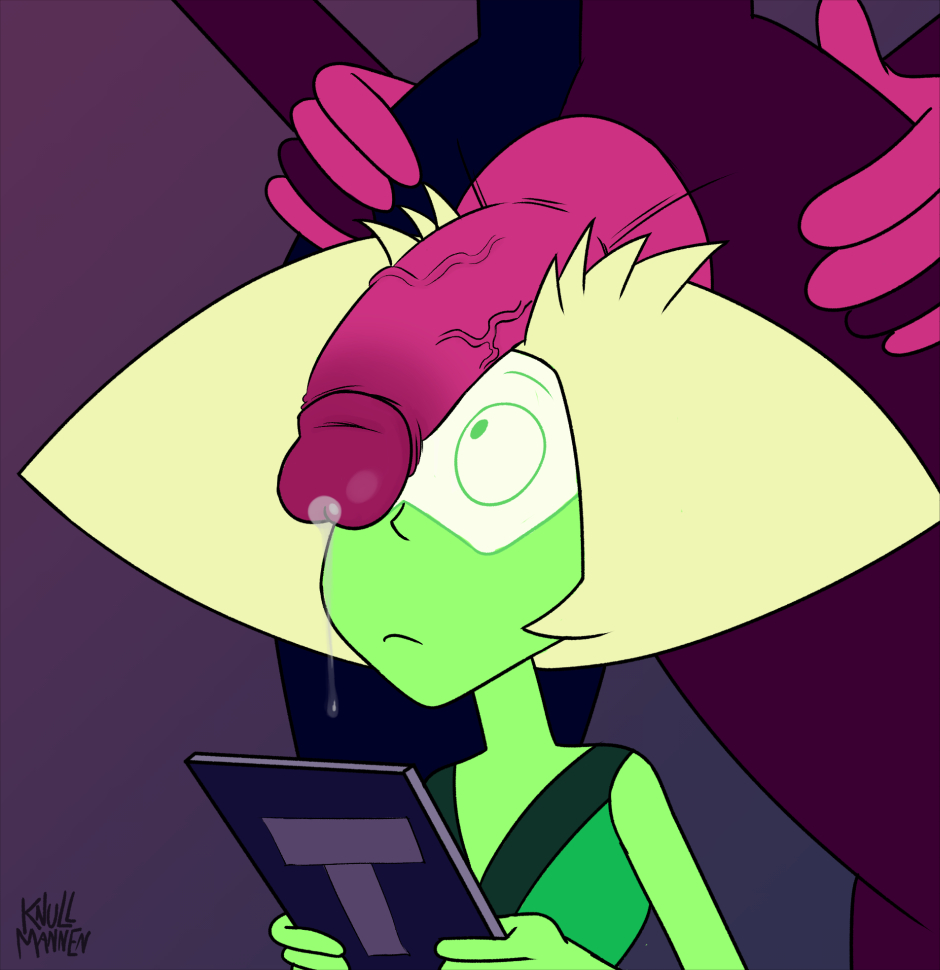 2girls alien_girl dickgirl female futanari garnet_(steven_universe) gem_(species) gem_fusion green_skin hands_on_hip holding_object intersex knullmannen_(artist) looking_at_penis penis penis_on_head peridot_(steven_universe) precum precum_drip room short_hair standing steven_universe tagme yellow_hairband