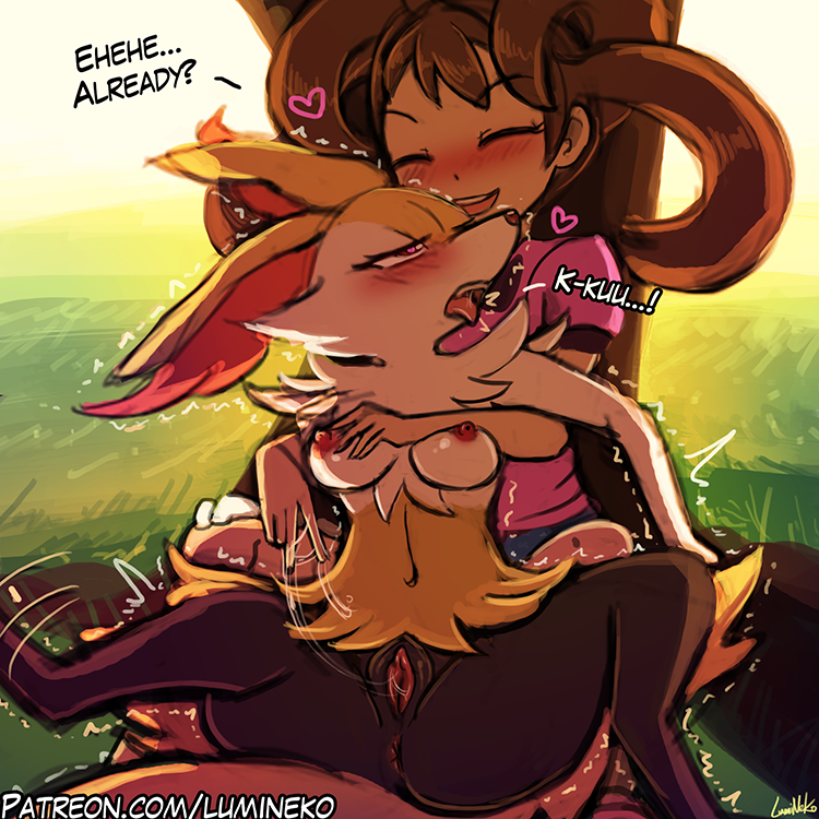 2018 2girls against_tree anthro anus areolae belly big_ass big_ears black_fur blush braixen breasts brown_hair canine clothing dark-skinned_female dark_skin drooling feet female female_only fingering fox furry grass green_background half-closed_eyes heart heart-shaped_pupils holding hug human human_on_anthro interspecies large_ass long_hair looking_back lumineko mammal motion_lines navel nintendo nipples open_mouth orange_fur outdoors patreon paws pokémon_(species) pokemon pokemon_(species) pokemon_xy pokephilia pussy pussy_juice pussy_juice_string reach_around saliva shauna_(pokemon) sitting smile spoken_heart spread_legs spreading text thick_thighs thin_waist tongue tongue_out tree trembling twintails url v video_games watermark wet white_fur wide_hips yellow_fur yuri