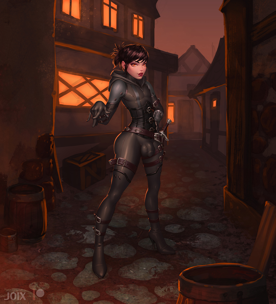 1boy, armor, balls, black hair, bulge, catsuit, femboy, girly, high heel boots, high heels, impossible clothes, joixxx, looking at viewer, male, male only, penis, skin tight, testicles, tight clothing, trap, weapon