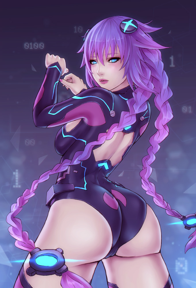 ass, braid, breasts, cleavage, female, female only, long hair, looking at viewer, looking back, neptunia (series), purple hair, purple heart (neptunia), solo, soranamae
