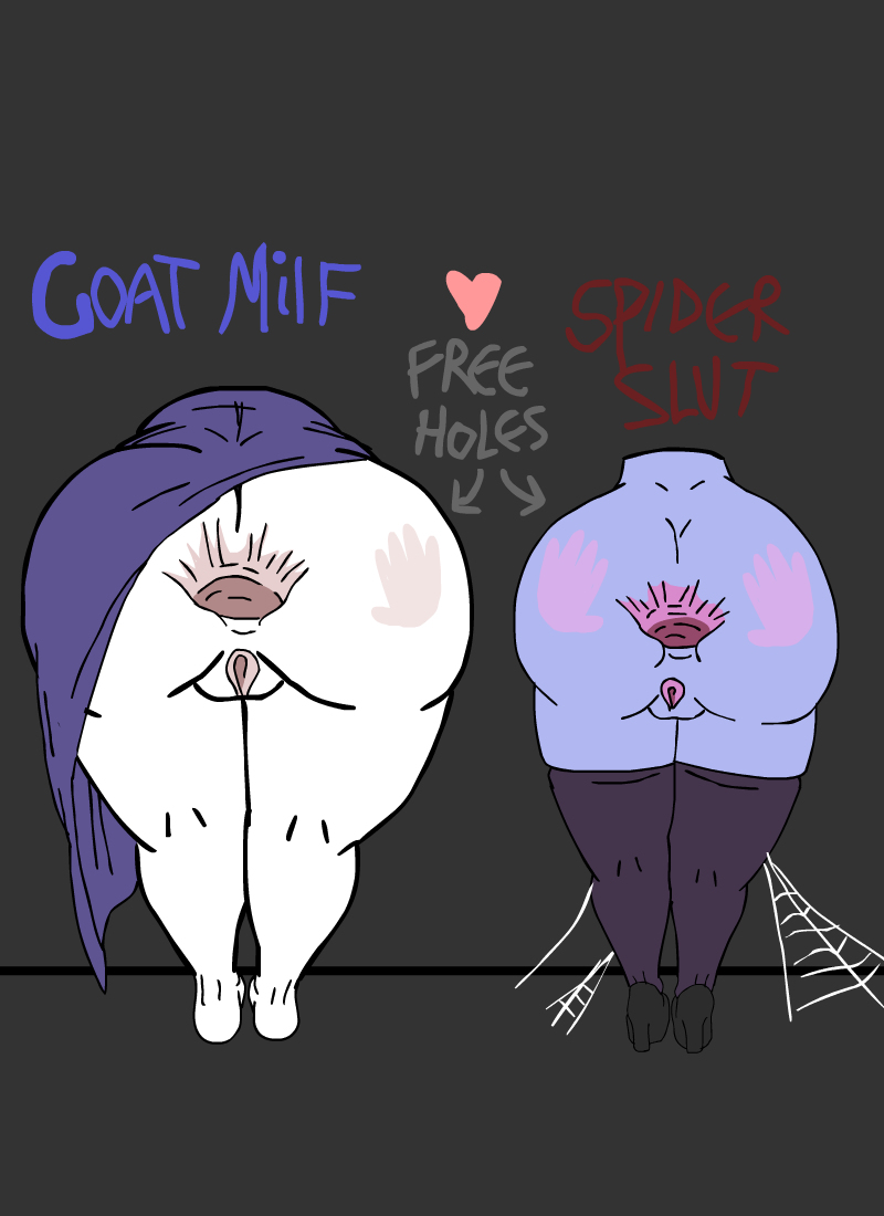 2girls anus b0nf1r3thelier caprine comparison dress_aside female_only gaping_anus glory_hole goat hand_print high_heels milf muffet multiple_girls public_use purple_dress purple_skin ruined_anus spider spider_web stretched_anus stuck_in_wall toriel undertale used video_games