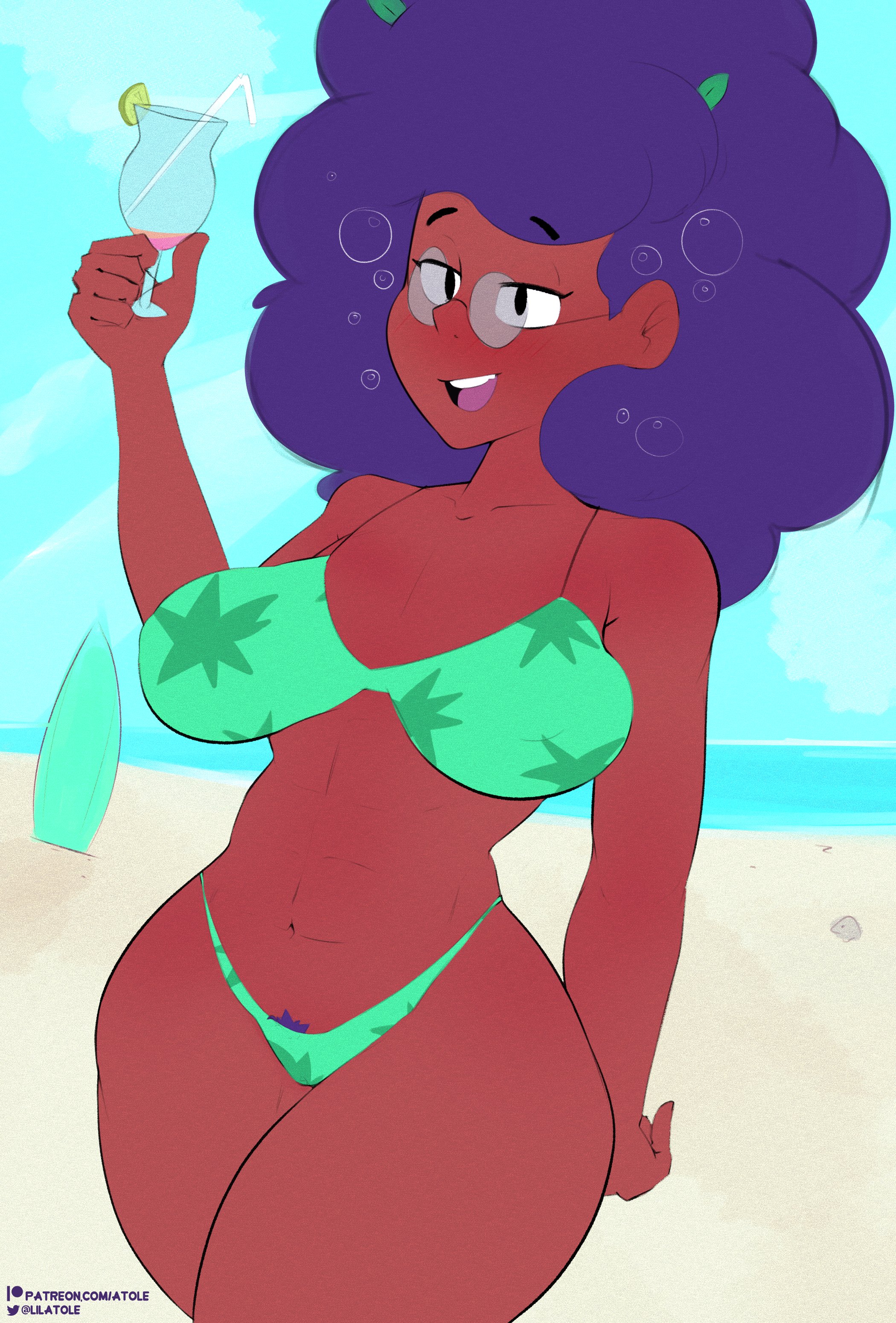 (mirius), 1girls, abs, ass, big ass, big breasts, brawl stars, breasts, dark skin, dark-skinned female, female, female only, glasses, lilatole, pubic hair peek, purple eyes, purple hair, rosa (brawl stars), solo, solo female, swimsuit, thick thighs