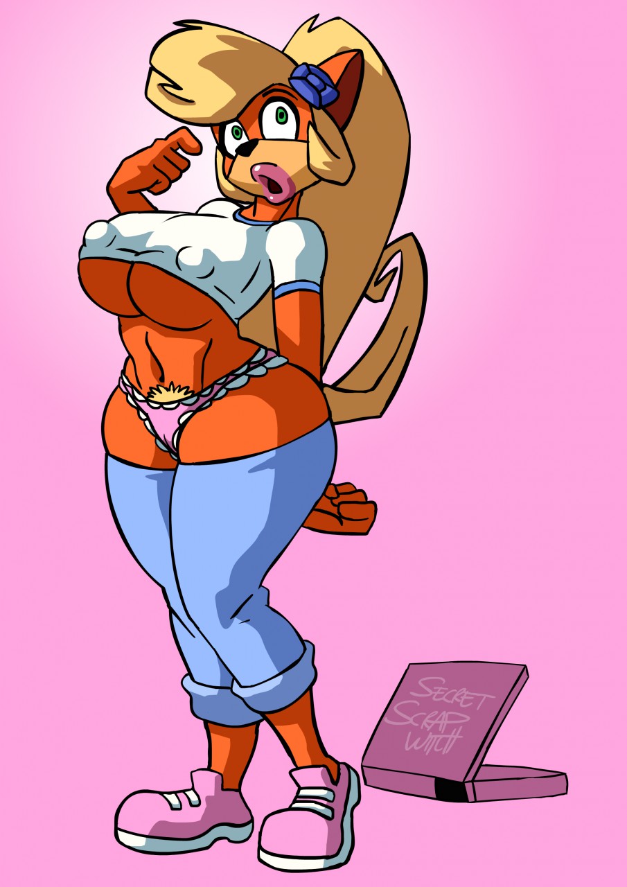 anthro big_breasts big_nipples bimbo bimbofication blonde_hair breasts bulge cameltoe clothed clothing coco_bandicoot computer crash_(series) electronics erect_nipples erection female female_only flower green_eyes huge_breasts jeans laptop large_breasts legs lips lipstick long_hair nipple_bulge nipples notebook panties pants pants_down pink_background pink_lipstick pink_panties ponytail pose posing pubic_hair scrap-witch shoes simple_background solo standing thick_thighs thighs underboob underwear video_games wardrobe_malfunction wide_hips