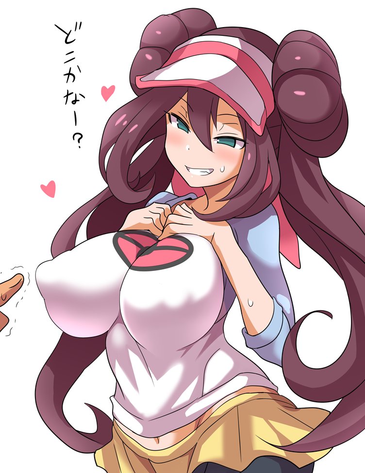 1girls, alternate breast size, anime style, areolae, belly, big breasts, big nipples, blush, breasts, brown hair, cleavage, clothed, erect nipples, female, female only, green eyes, grin, half-closed eyes, hands on chest, hat, heart, human, human only, konno tohiro, large breasts, long hair, looking away, looking down, midriff, motion lines, navel, nintendo, nipple bulge, nipples, pantyhose, pointing, pokemon, pokemon bw, pokemon bw2, rosa (pokemon), shirt, skirt, smile, solo focus, sweat, text, trembling, twintails, white background