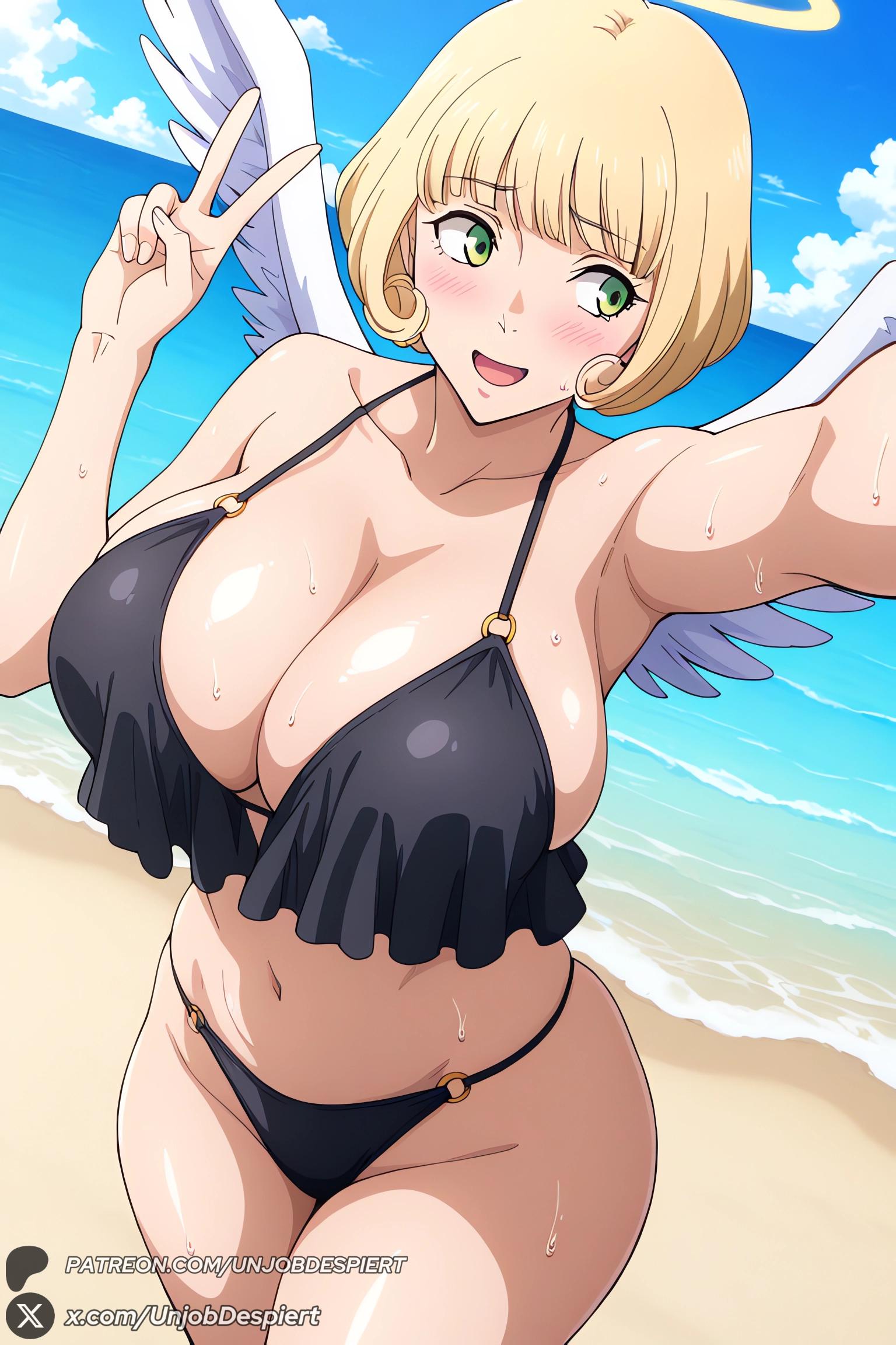 1female, 1girls, 2026, ai generated, angel, angel wings, artist name, bangs, beach, big ass, big breasts, bikini, black bikini, blonde hair, blue sky, blush, breasts, cleavage, cloud, collarbone, curvy, day, feathered wings, female, female only, green eyes, halo, hana kurusu, hi res, high quality, high resolution, highres, huge ass, huge breasts, jujutsu kaisen, large breasts, looking at viewer, navel, o-ring, ocean, open mouth, outdoors, patreon, patreon username, selfie, short hair, sky, smile, solo, sweat, swimsuit, unjobdespiert, v, water, watermark, wings