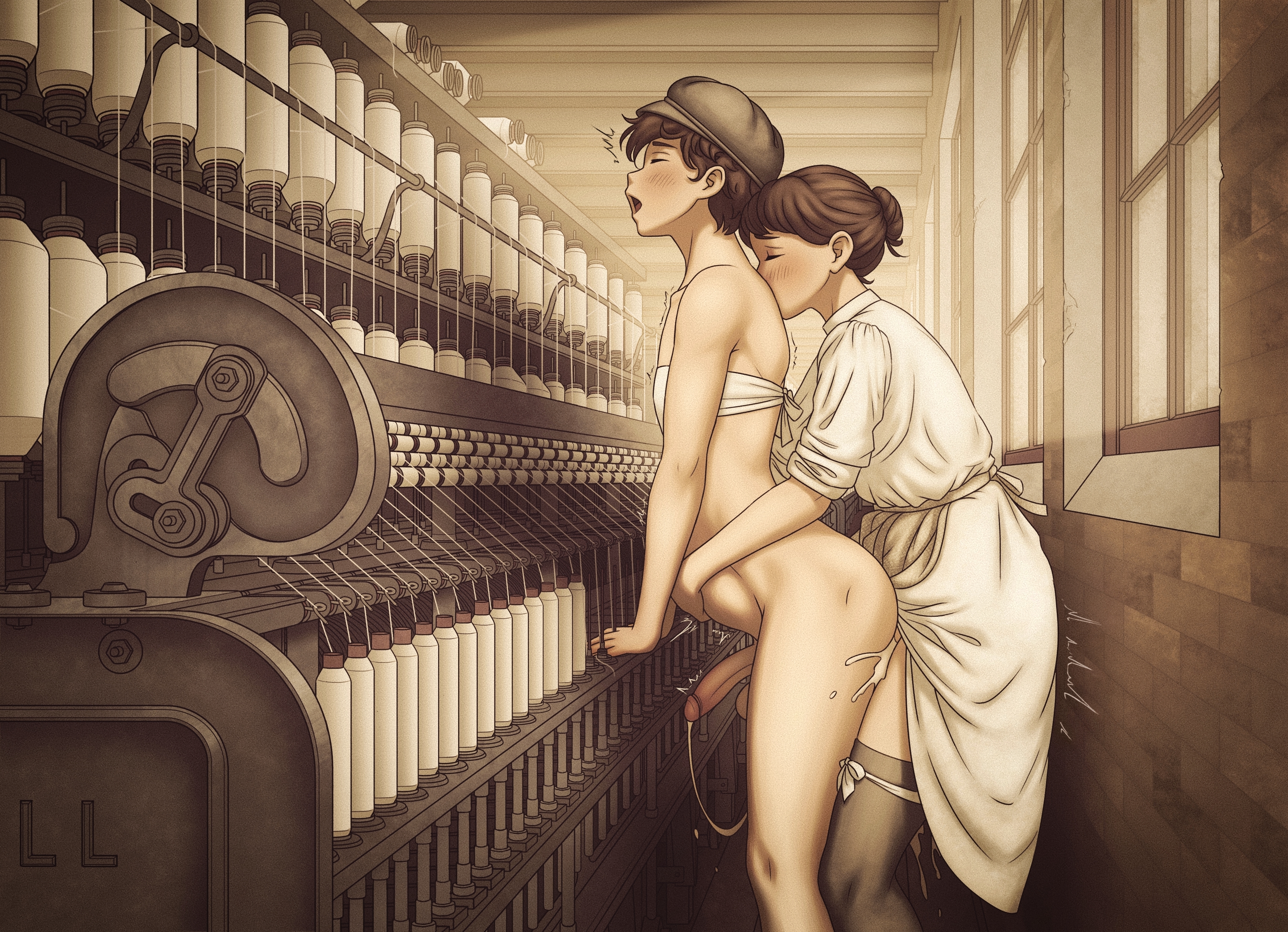 1boy, 1futa, absurd res, absurdres, anal, anal sex, apron, arms around partner, bandeau, bangs, bottomless, brown hair, cap, clothing, cum, cum inside, dress, dress lift, factory, femboy, from behind, from behind position, functionally nude, functionally nude male, futa on femboy, futa on male, futanari, garter band, hair bun, hi res, high resolution, highres, historical, history, light skin, light-skinned futa, light-skinned male, lunele, male, messy hair, penis, self upload, sex, sex from behind, short hair, small dom big sub, standing, standing sex, stockings, stomach bulge, victorian, victorian era, waist apron