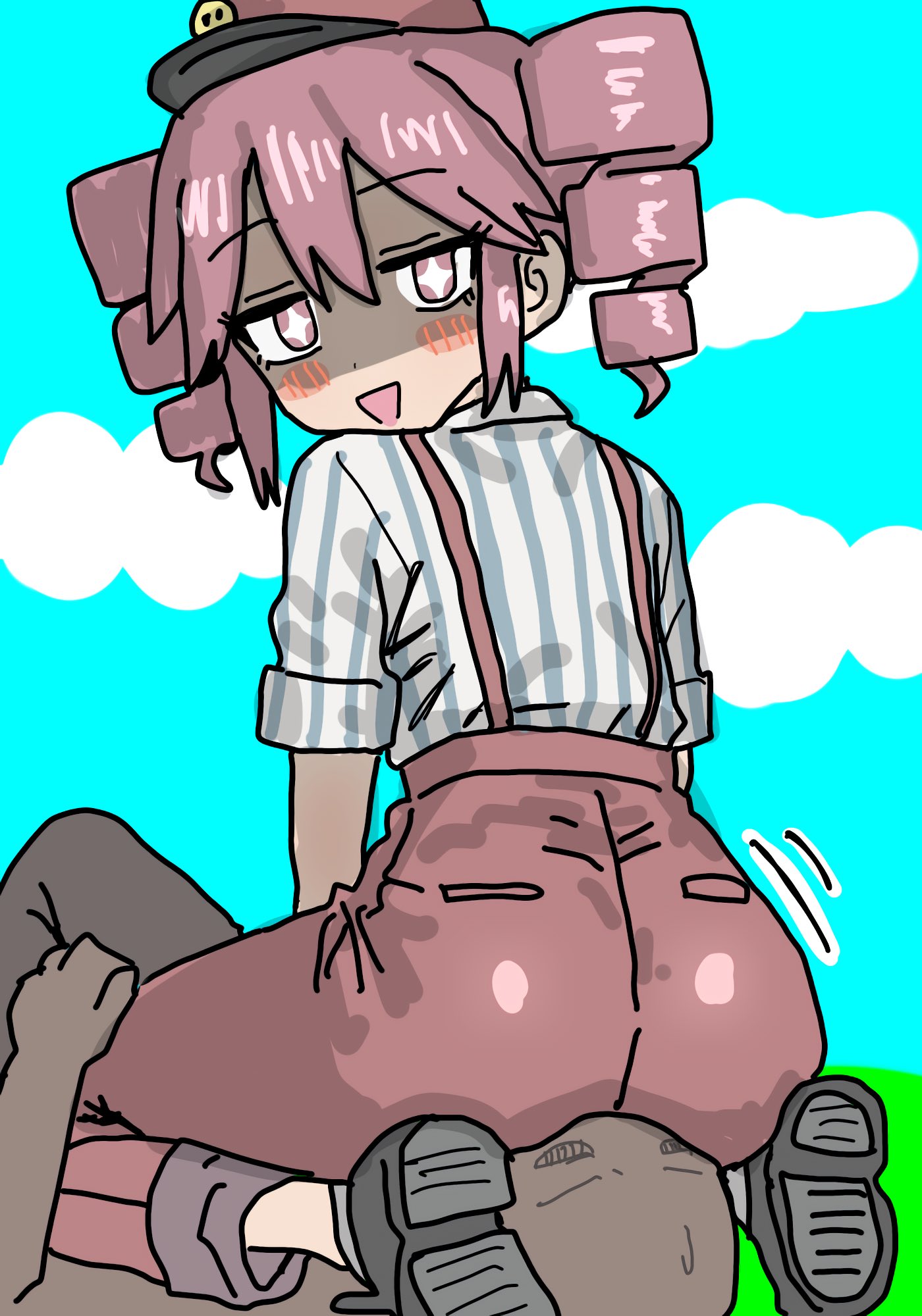 1boy, 1girls, 2d, 2d (artwork), alternate version available, ass, back, back view, blouse, blush, blush lines, blushing female, clothed, clothed female, clothing, eyelashes, face shadow, facesitting, female, fully clothed, happy, happy female, hat, high waisted pants, high-waist pants, kasane teto, kasane teto (sv), long eyelashes, looking at viewer, looking back, male, mesmerizer (vocaloid), mesmerizer teto, motion lines, mv character, pants, petite, petite body, petite female, red eyes, red hair, shiny clothes, shiny pants, shirt, shoes, simple background, sitting, sitting on face, sitting on person, skinny, skinny female, slim girl, slim waist, sparkling eyes, straight, striped shirt, suspenders, sweat, sweatdrop, sweating, synthesizer v, twin drills, utau, zera20200532