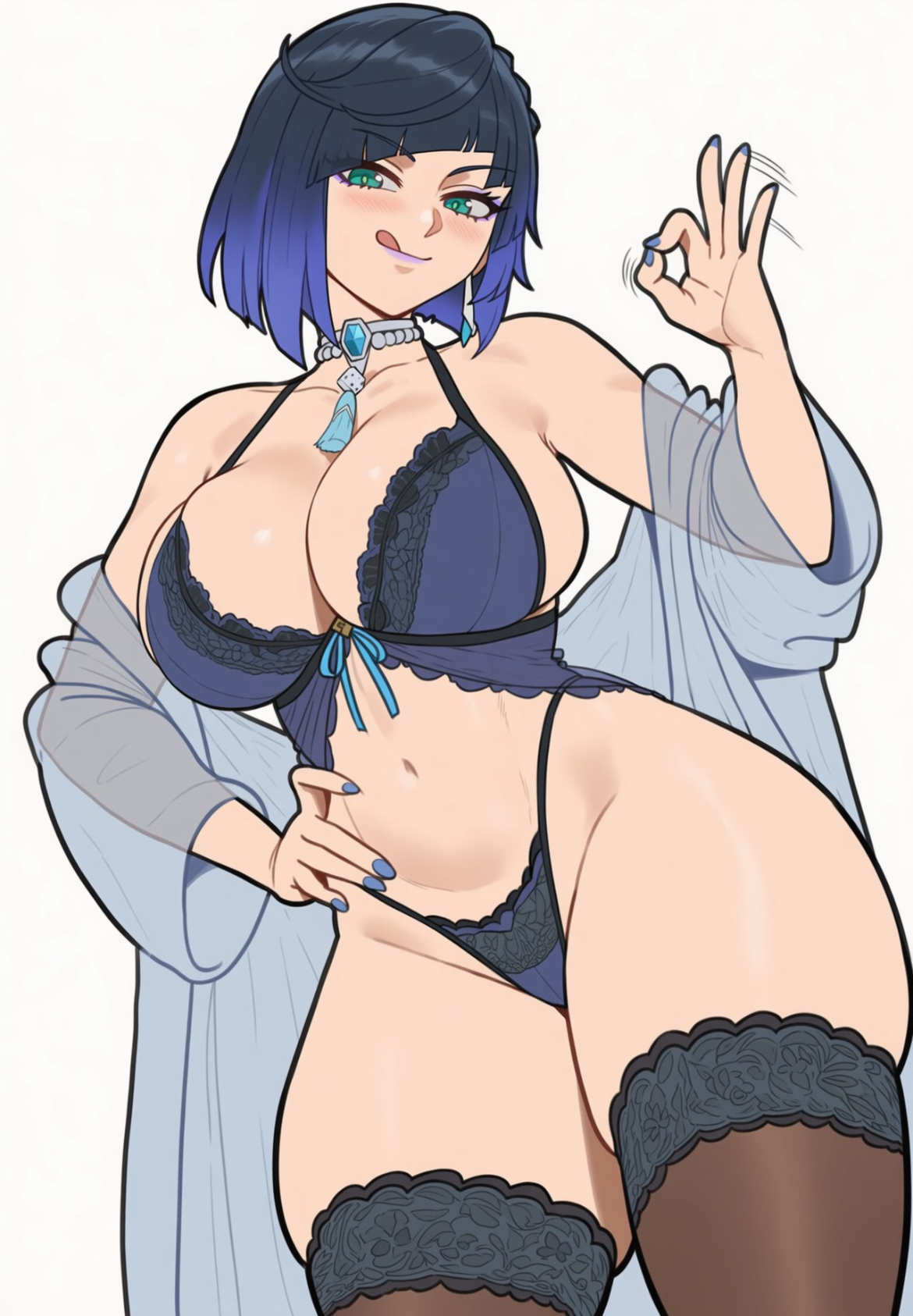 ai generated, big breasts, black hair, bob cut, coat on shoulders, curvy female, genshin impact, hand on hip, licking lips, lingerie, maxelartdesign, midriff, ok sign, purple hair, thick thighs, wide hips, yelan (genshin impact)