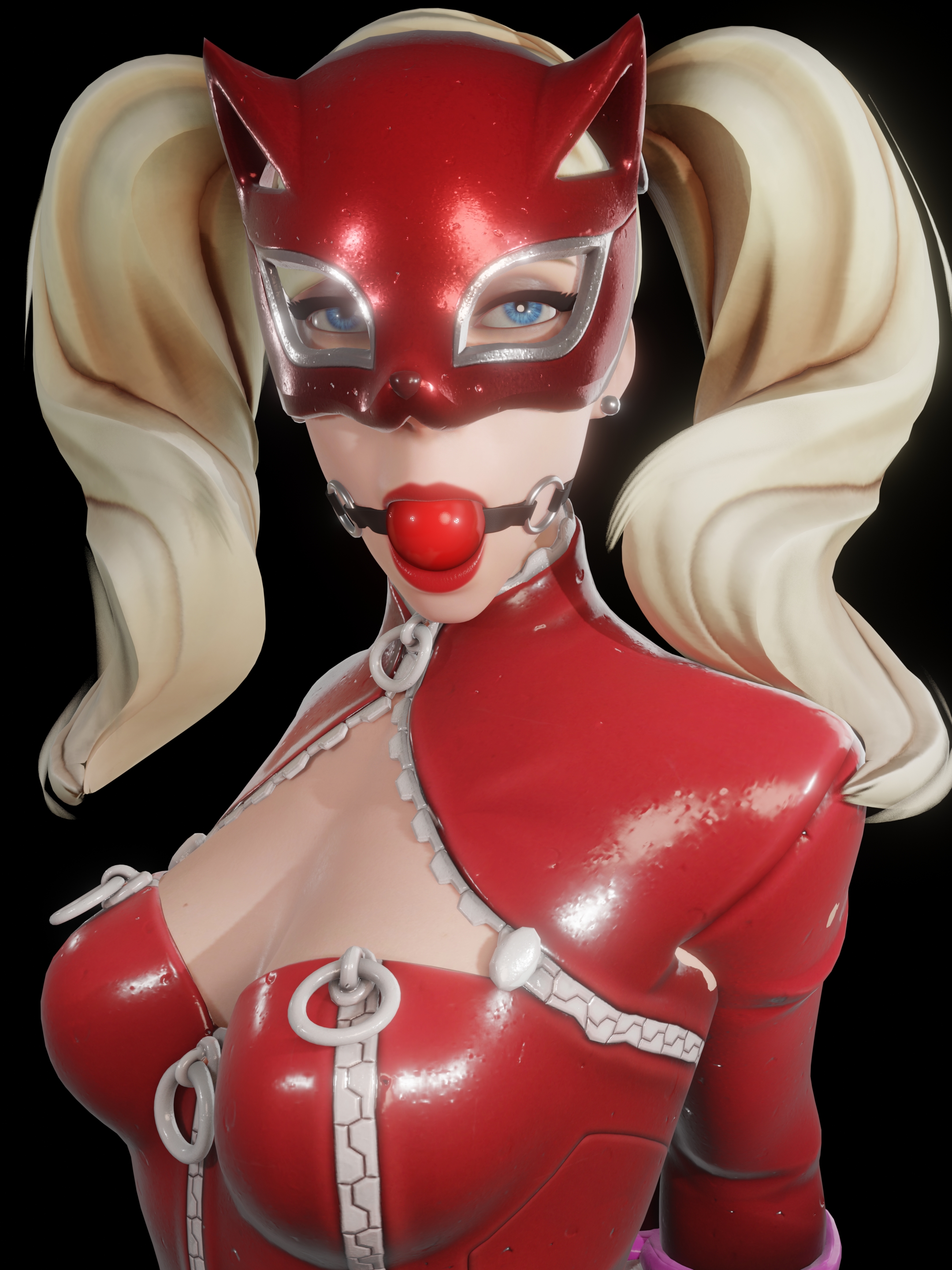 1girls, 3d, 4k, absurd res, absurdres, ann takamaki (cosplay), ball gag, big breasts, blender, blonde hair, bondage, breasts, clothed, clothing, collaboration skins, female, female only, gag, gagged, hi res, highres, justchilling3d, large breasts, latex, latex clothing, latex gloves, long hair, mercy, overwatch, overwatch 2, panther mercy, persona, persona 5, red clothing, simple background, tight clothing
