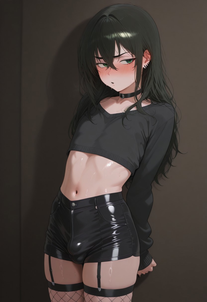 1boy, 1femboy, 2025, ai generated, alternate version available, arms behind back, belly, black fishnets, black garter straps, black hair, blush, bulge, bunnyboi61, choker, civitai, collar, crossdressing, dark hair, femboy, feminine male, fishnet stockings, fishnets, garter straps, girly, green eyes, hips, long sleeves, navel, shorts, standing, steamy breath, stockings, thighs, top, topwear, trap