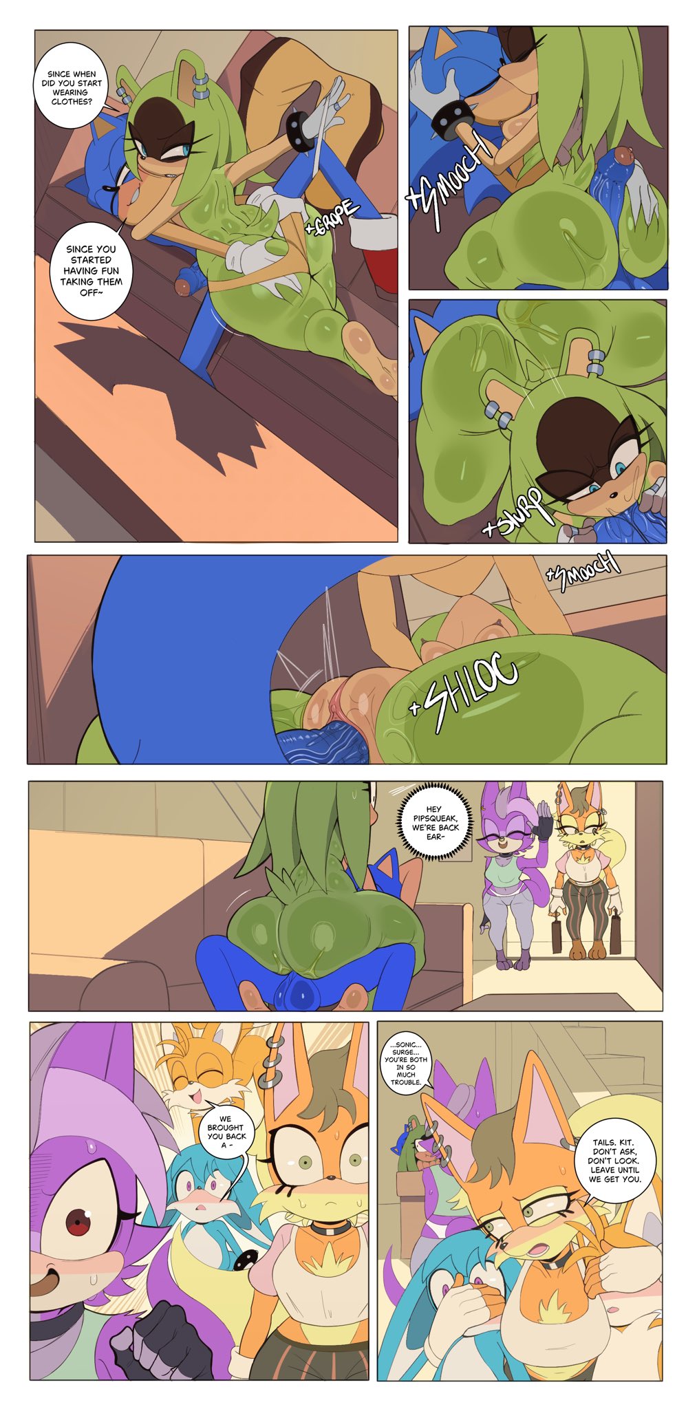 3boys, 3girls, 69, 69 position, animal ears, animal tail, anthro, anthro female, anthro male, anthro on anthro, anthro only, anthro penetrated, anthro penetrating, anthro penetrating anthro, anthrofied, ass, ass grab, big ass, blowjob, blue eyes, blue fur, bracelet, caught, caught in the act, closed eyes, comic, covering eyes, cowgirl position, cunnilingus, dialogue, english text, erection, eyelashes, feet, fellatio, female, fox, fur, furry, furry female, furry male, furry only, green eyes, green fur, hedgehog, hereapathy, humanoid, idw publishing, kitsunami the fennec, lying, lying on person, male, mammal, miles prower, oral, oral penetration, oral sex, orange fur, original character, panels, penetration, penis, penis between ass, penis in pussy, purple eyes, purple fur, purple hair, pussy, red eyes, sega, sex, sex from behind, sonic (series), sonic the hedgehog, sonic the hedgehog (comics), sonic the hedgehog (idw), sonic the hedgehog (series), speech bubble, spiked bracelet, straight, surge the tenrec, sweat, sweatdrop, sweating, tail, tails the fox, text, two-tone hair, vagina, vaginal, vaginal penetration, vaginal sex, yellow fur