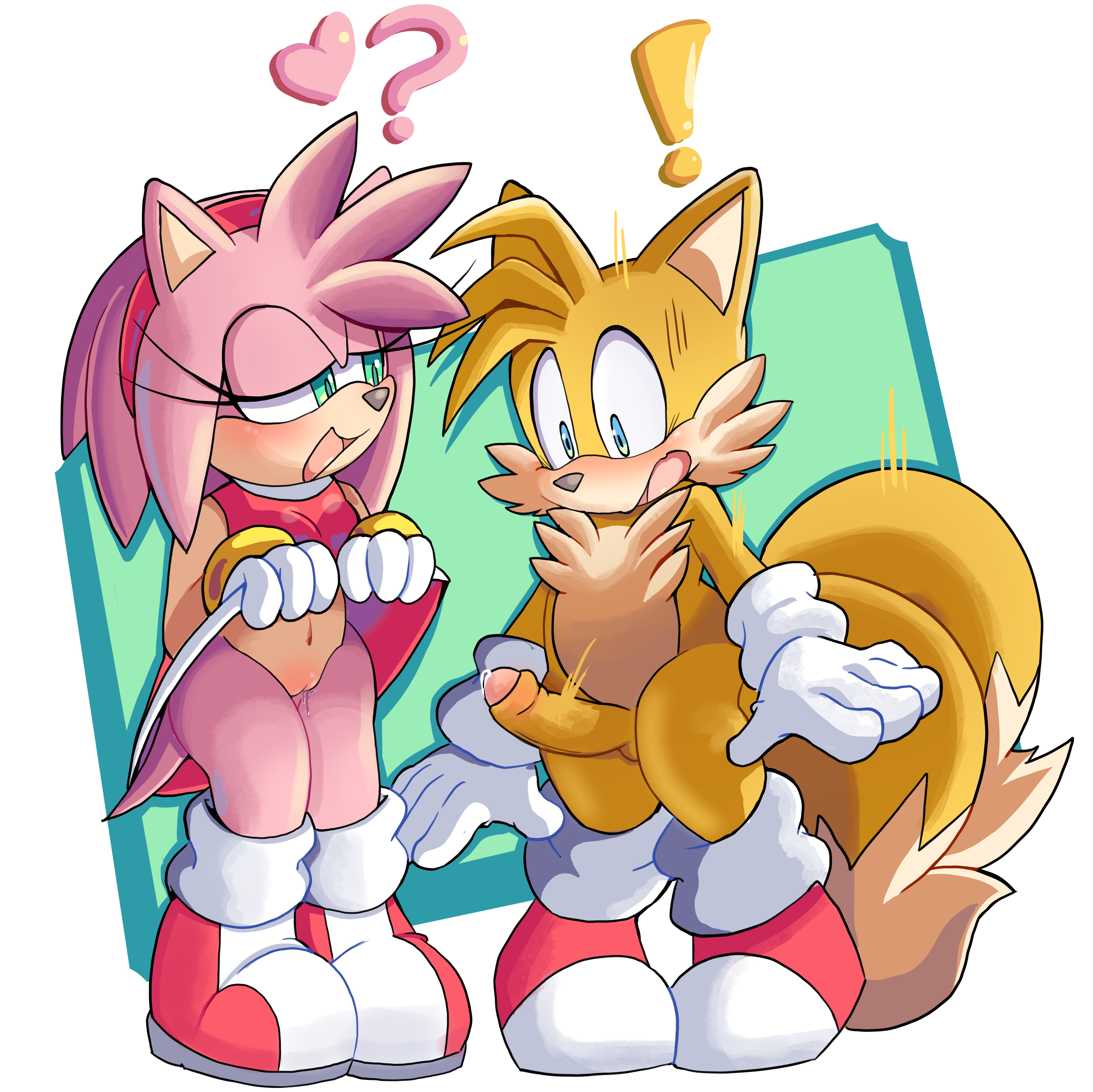 !, ?, 2 tails, amy rose, anthro, black nose, blue eyes, blush, canine, chest tuft, clothing, dress, dress lift, erection, exposed torso, female, footwear, foreskin, fox, gloves, green eyes, handwear, heart, hedgehog, male, mammal, markings, mostly nude, multi tail, open mouth, partially clothed, penis, pink fur, pink hair, pose, posing, presenting, presenting penis, presenting pussy, pussy, sega, senshion, shoes, shy, sonic (series), sonic the hedgehog (series), standing, surprised, tail, tail markings, tails, tails the fox, thighs, tuft, uncircumcised, uncut, white gloves, yellow fur, yellow penis