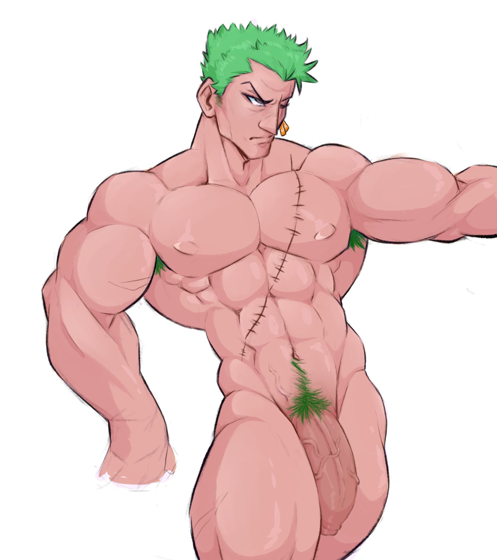1boy, abdomen, abs, armpit hair, artist request, bara, bara tiddies, bara tits, barazoku, beefy, big cock, big dick, big dick energy, big penis, bigger male, broad shoulders, cock, completely naked, completely naked male, completely nude, completely nude male, defined jawline, defined muscles, dick, earrings, flaccid, flaccid bigger, foreskin, frown, frowning, gay, green armpit hair, green hair, green pubic hair, hairy male, hunk, japanese male, male, male focus, male only, manly, masculine, masculine male, mature male, muscles, muscular, muscular male, naked, naked male, nude, nude male, one piece, pecs, pectorals, penis, penis down, pirate, post-timeskip, pubic hair, roronoa zoro, scar, scar across eye, scar on chest, scar on face, scars, six pack, solo, solo focus, solo male, tough guy, uncircumcised, vein, veins, veiny, yaoi, zoro, zoro (one piece)