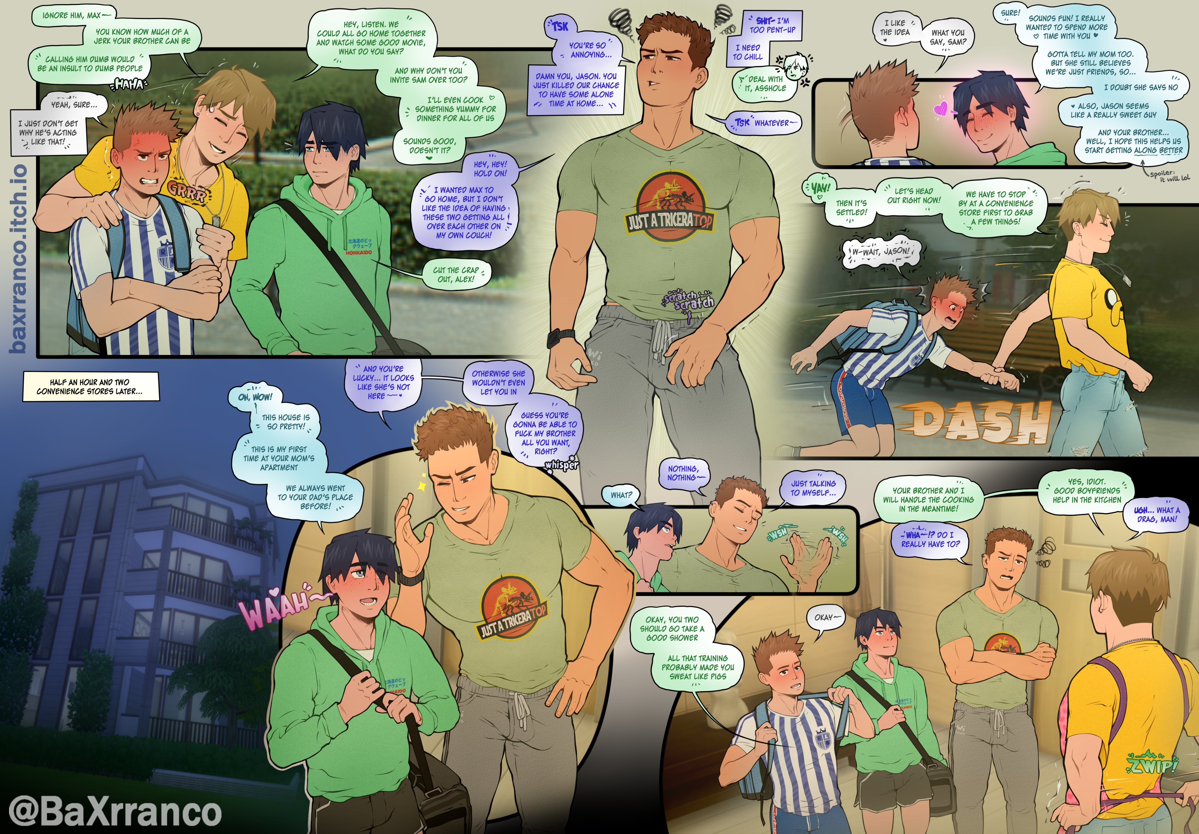 alex walker, baxrranco, bulge, bulge through clothing, comic, gay, jason dupont, max walker, scratching, yaoi